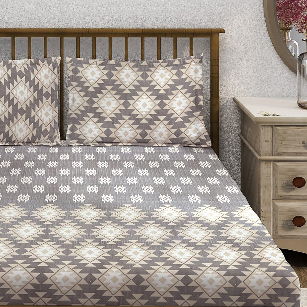 Taupe Ivory Tribal Mosaic 180 TC Pure Cotton Bedsheet Set with Pillow Cover