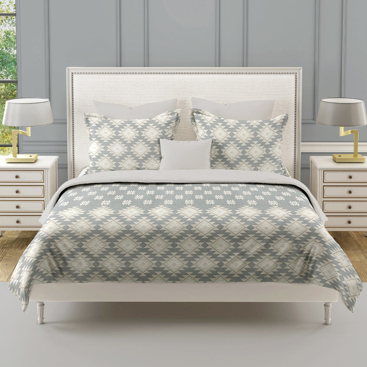 Grey Ivory Tribal Diamonds 180 TC Pure Cotton Bedsheet Set with Pillow Cover