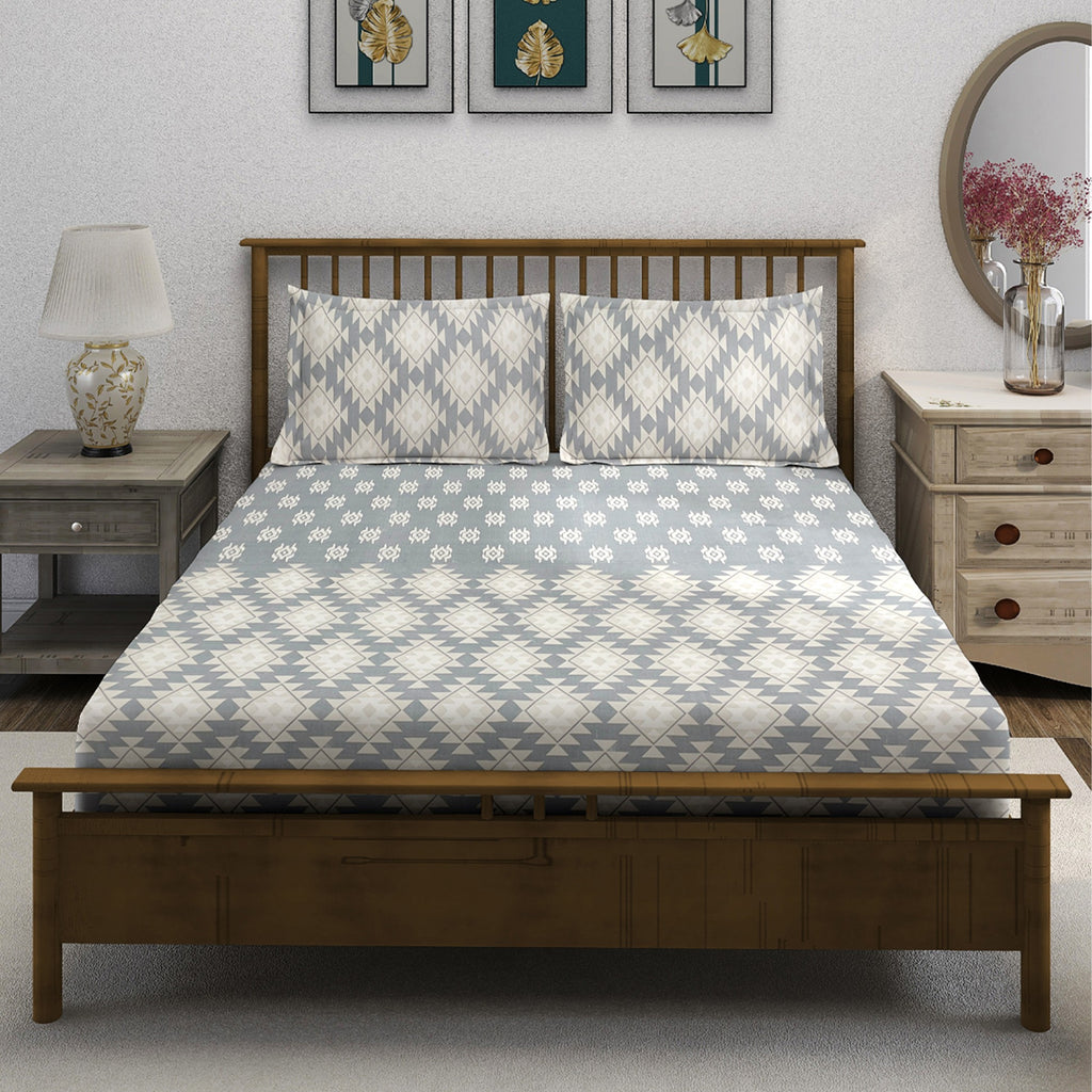Grey Ivory Tribal Diamonds 180 TC Pure Cotton Bedsheet Set with Pillow Cover