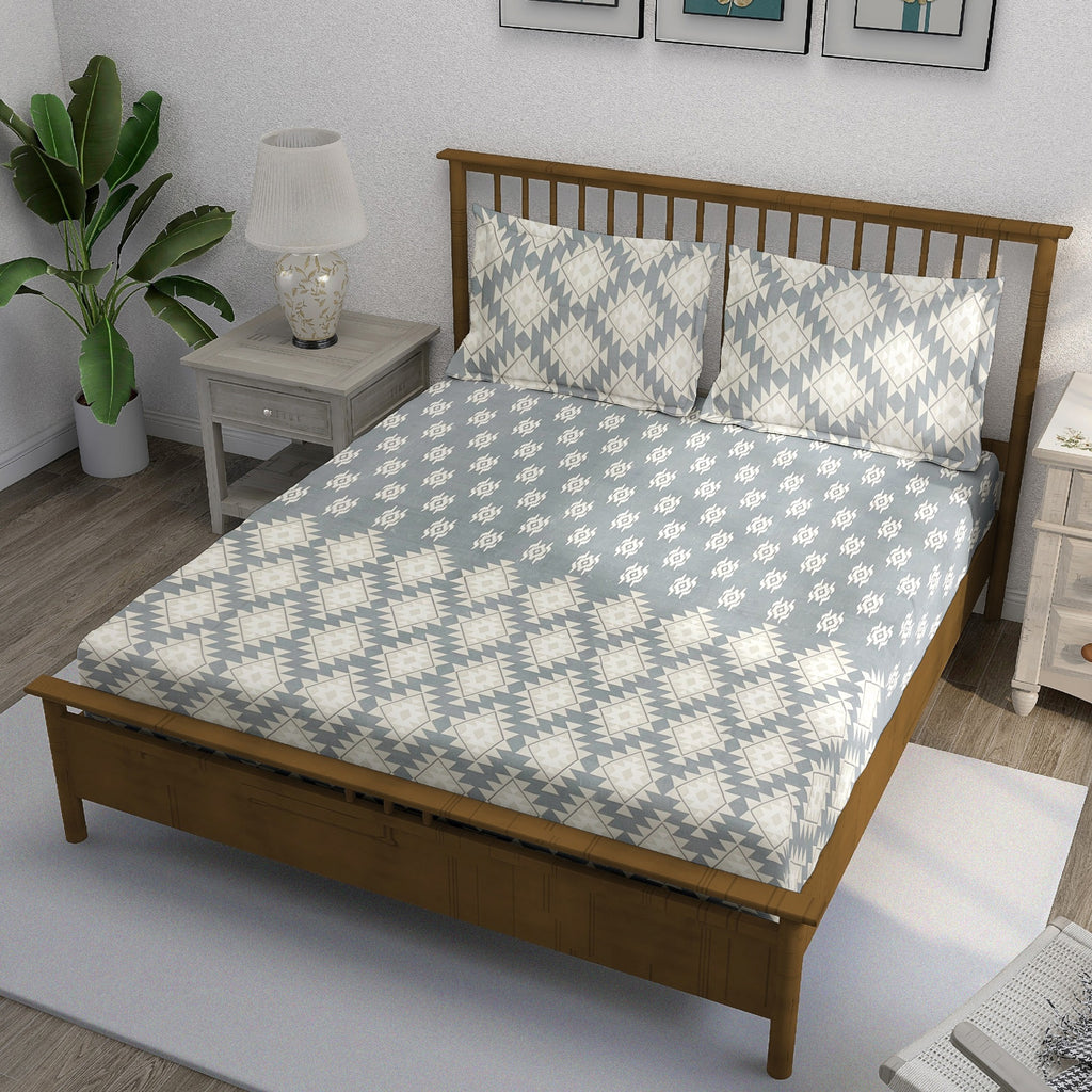 Grey Ivory Tribal Diamonds 180 TC Pure Cotton Bedsheet Set with Pillow Cover