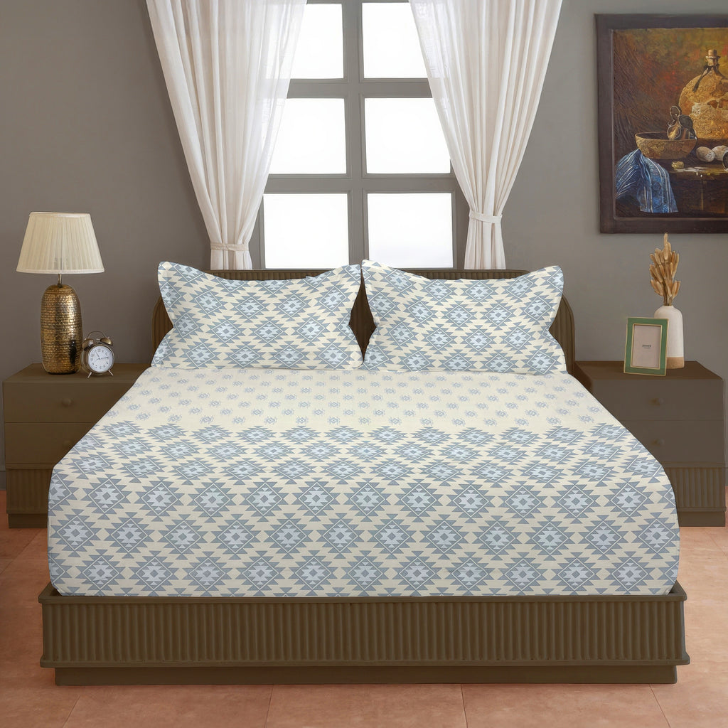 Ivory & Grey Ethnic Geometric 200 TC Pure Cotton Bedsheet with Pillow Covers