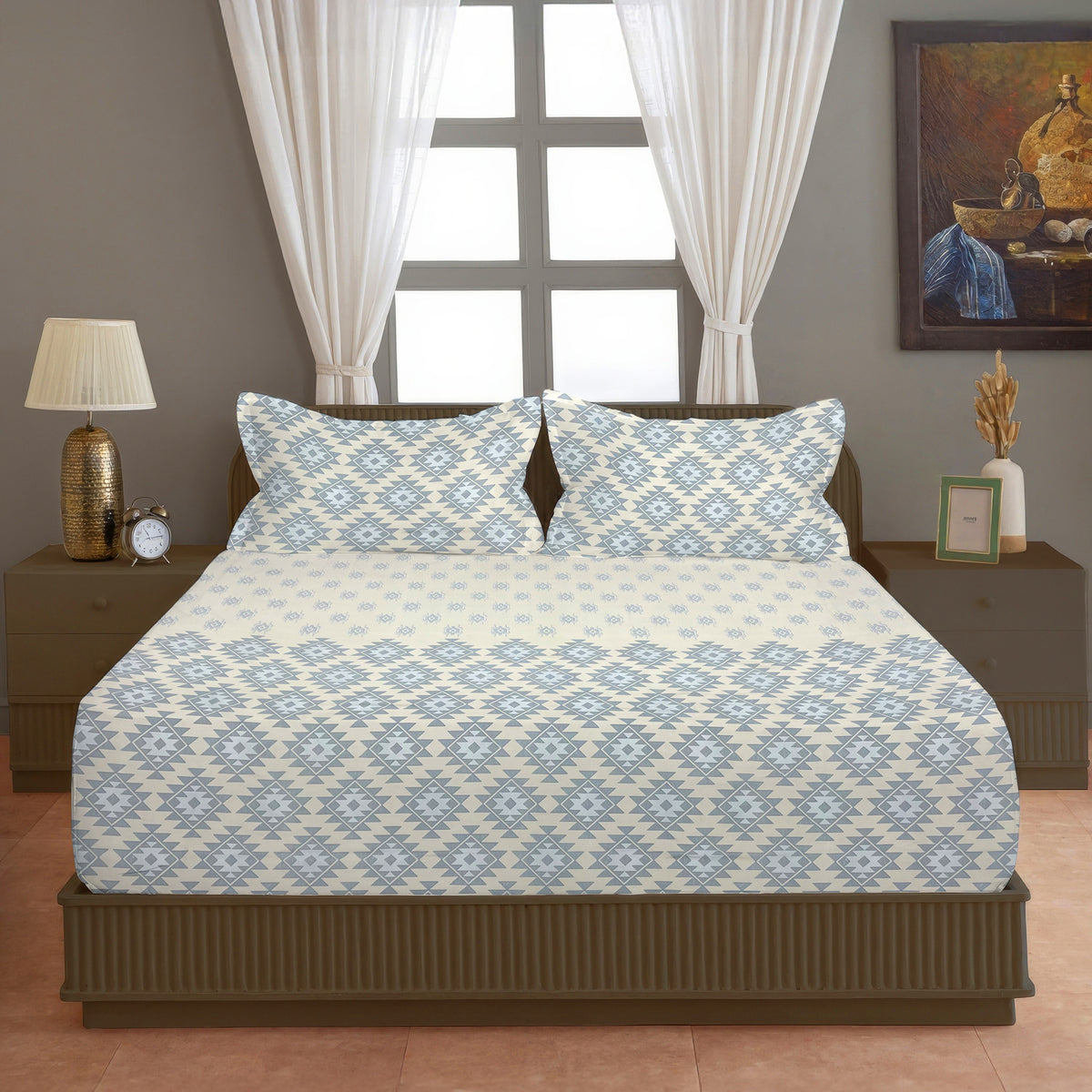 Ivory & Grey Ethnic Geometric 200 TC Pure Cotton Bedsheet with Pillow Covers
