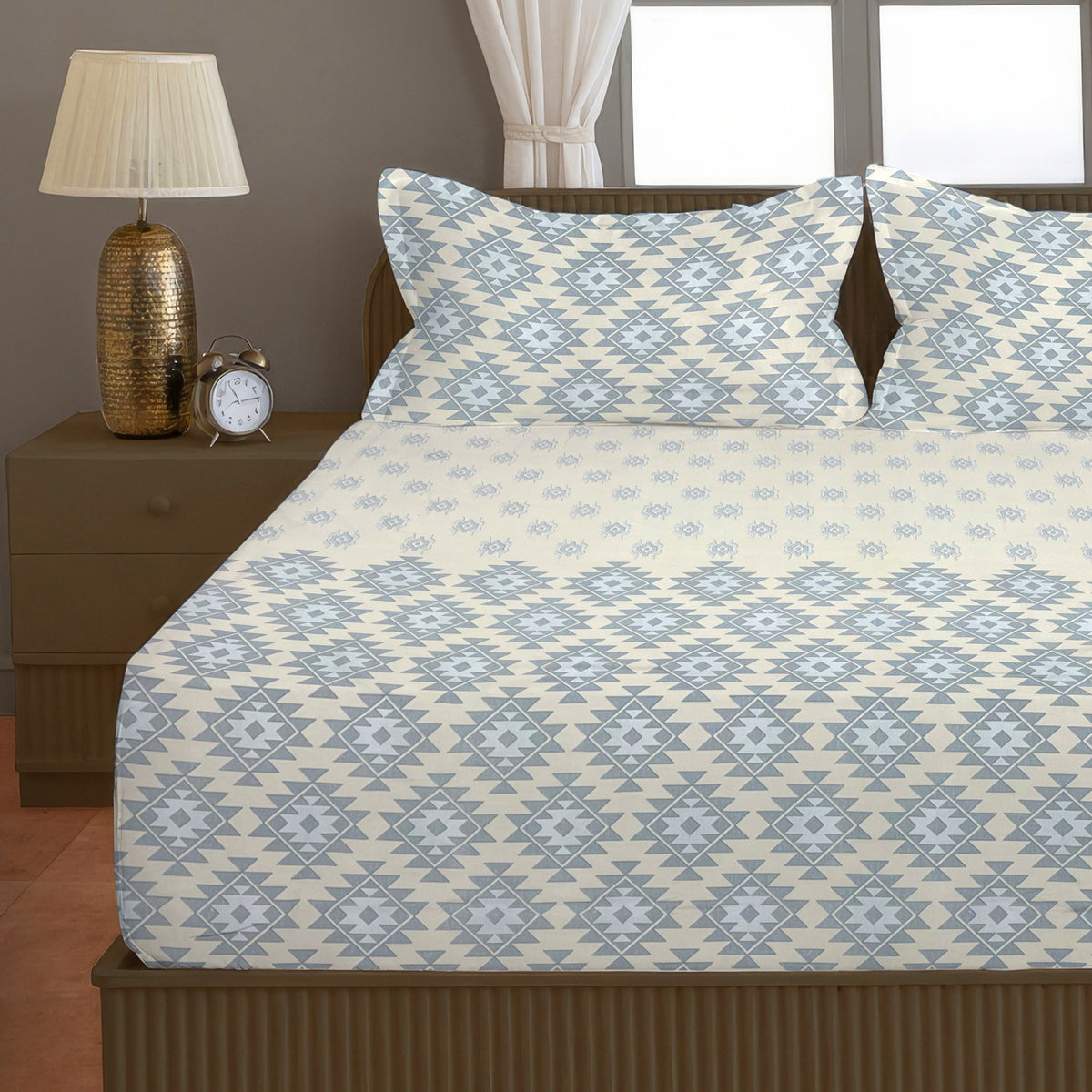 Ivory & Grey Ethnic Geometric 200 TC Pure Cotton Bedsheet with Pillow Covers
