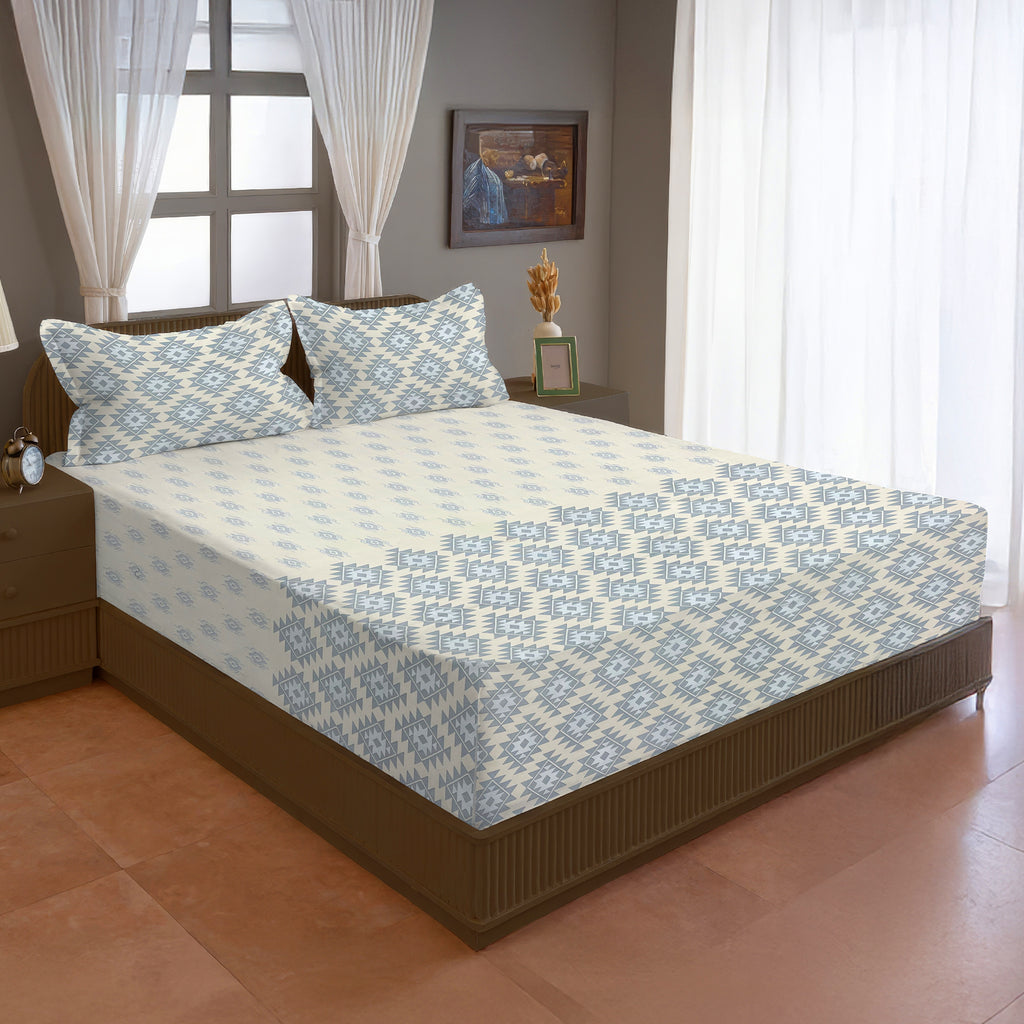 Ivory & Grey Ethnic Geometric 200 TC Pure Cotton Bedsheet with Pillow Covers