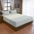 Ivory & Grey Ethnic Geometric 200 TC Pure Cotton Bedsheet with Pillow Covers