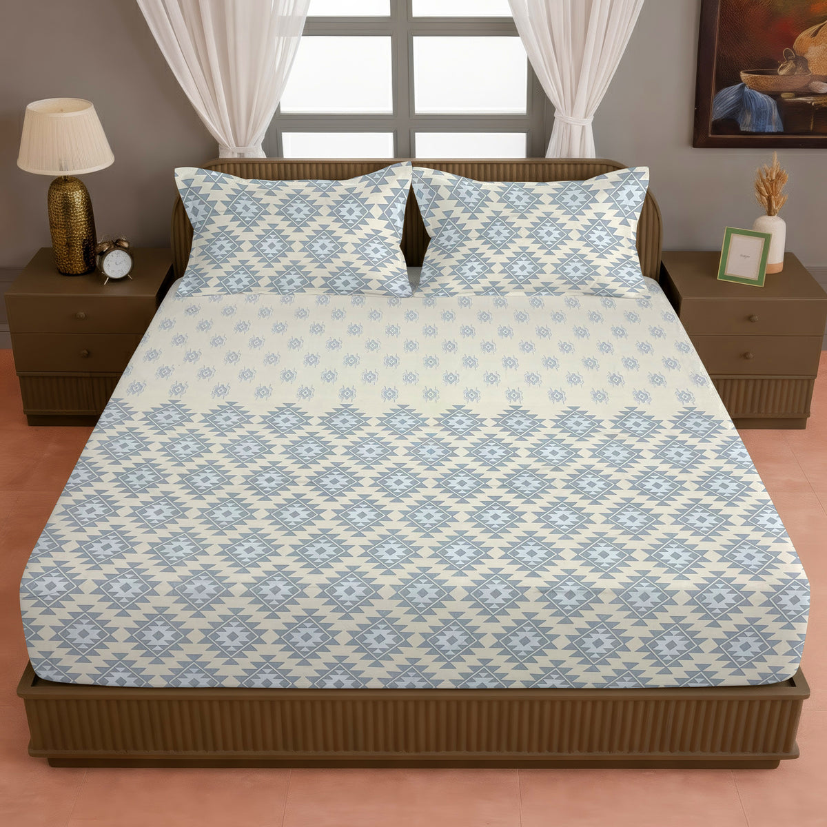 Ivory & Grey Ethnic Geometric 200 TC Pure Cotton Bedsheet with Pillow Covers
