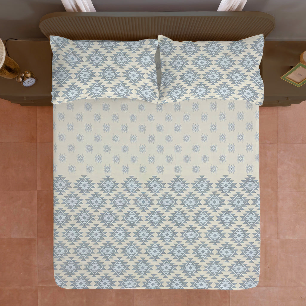 Ivory & Grey Ethnic Geometric 200 TC Pure Cotton Bedsheet with Pillow Covers