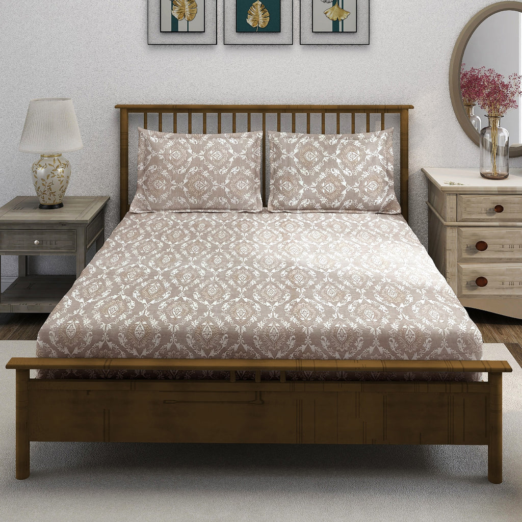 Taupe Ivory Damask 180 TC Pure Cotton Bedsheet Set with Pillow Cover