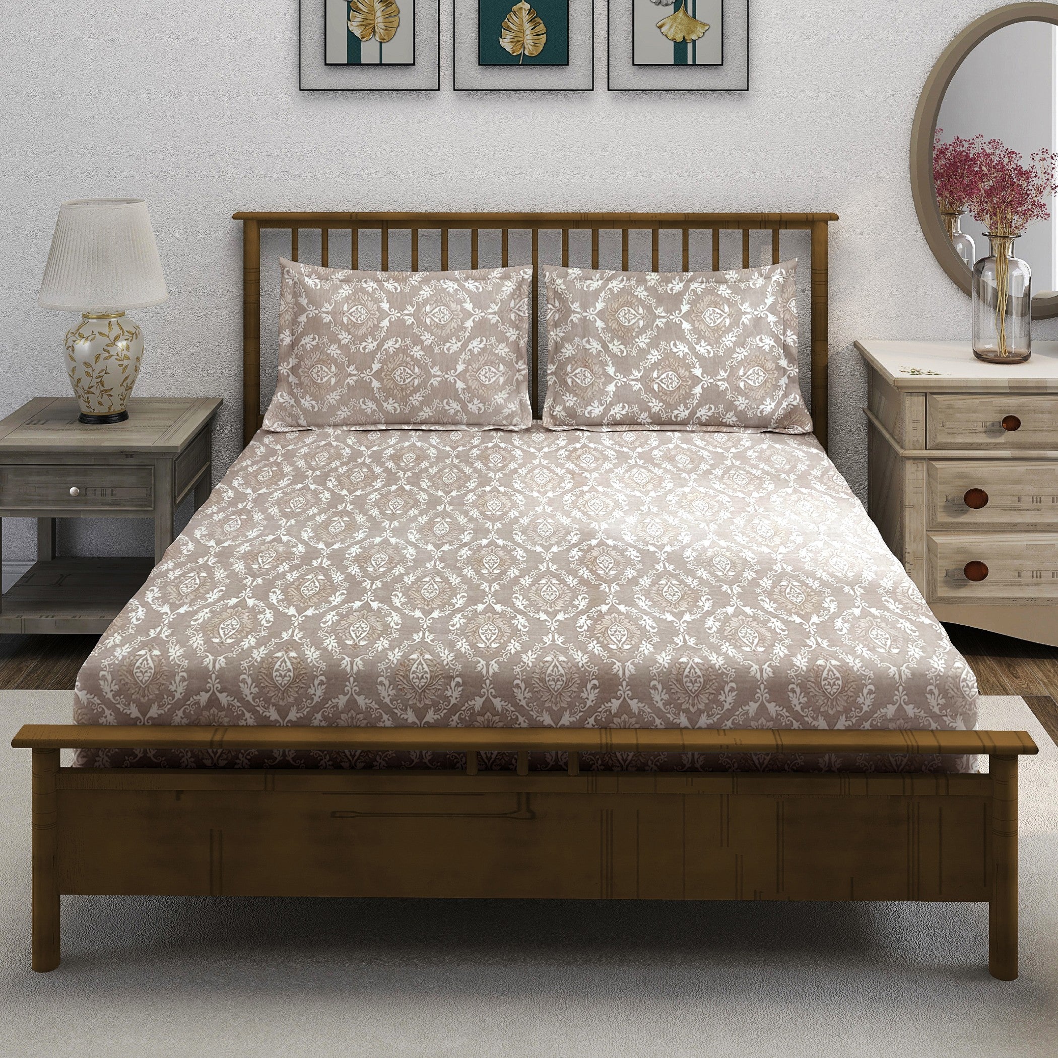 Taupe Ivory Damask 180 TC Pure Cotton Bedsheet Set with Pillow Cover