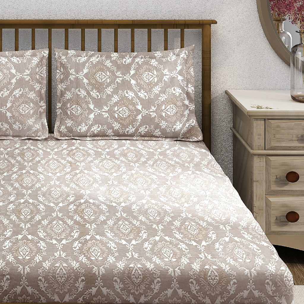Taupe Ivory Damask 180 TC Pure Cotton Bedsheet Set with Pillow Cover