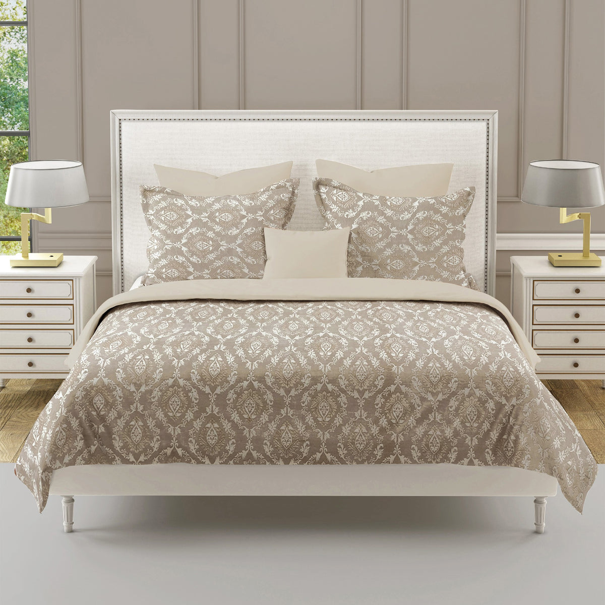 Taupe Ivory Damask 180 TC Pure Cotton Bedsheet Set with Pillow Cover