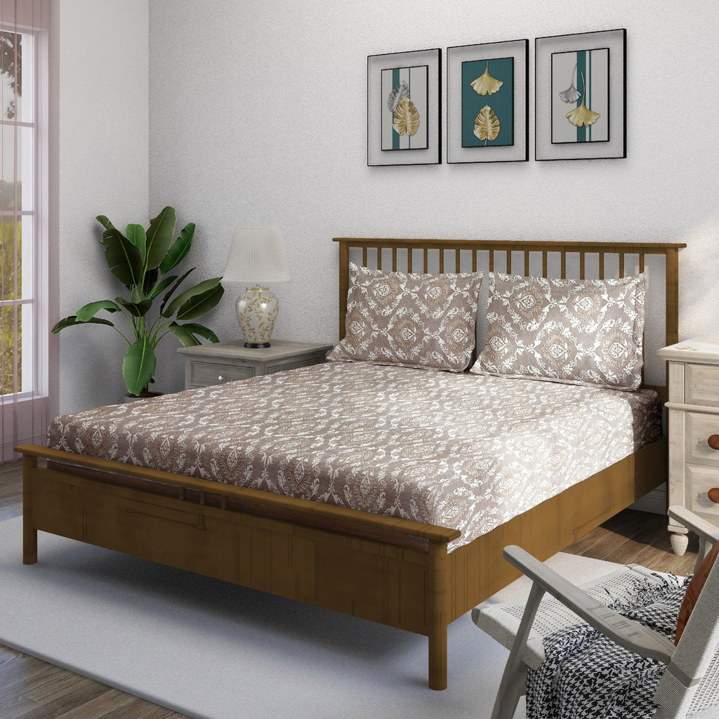 Taupe Ivory Damask 180 TC Pure Cotton Bedsheet Set with Pillow Cover