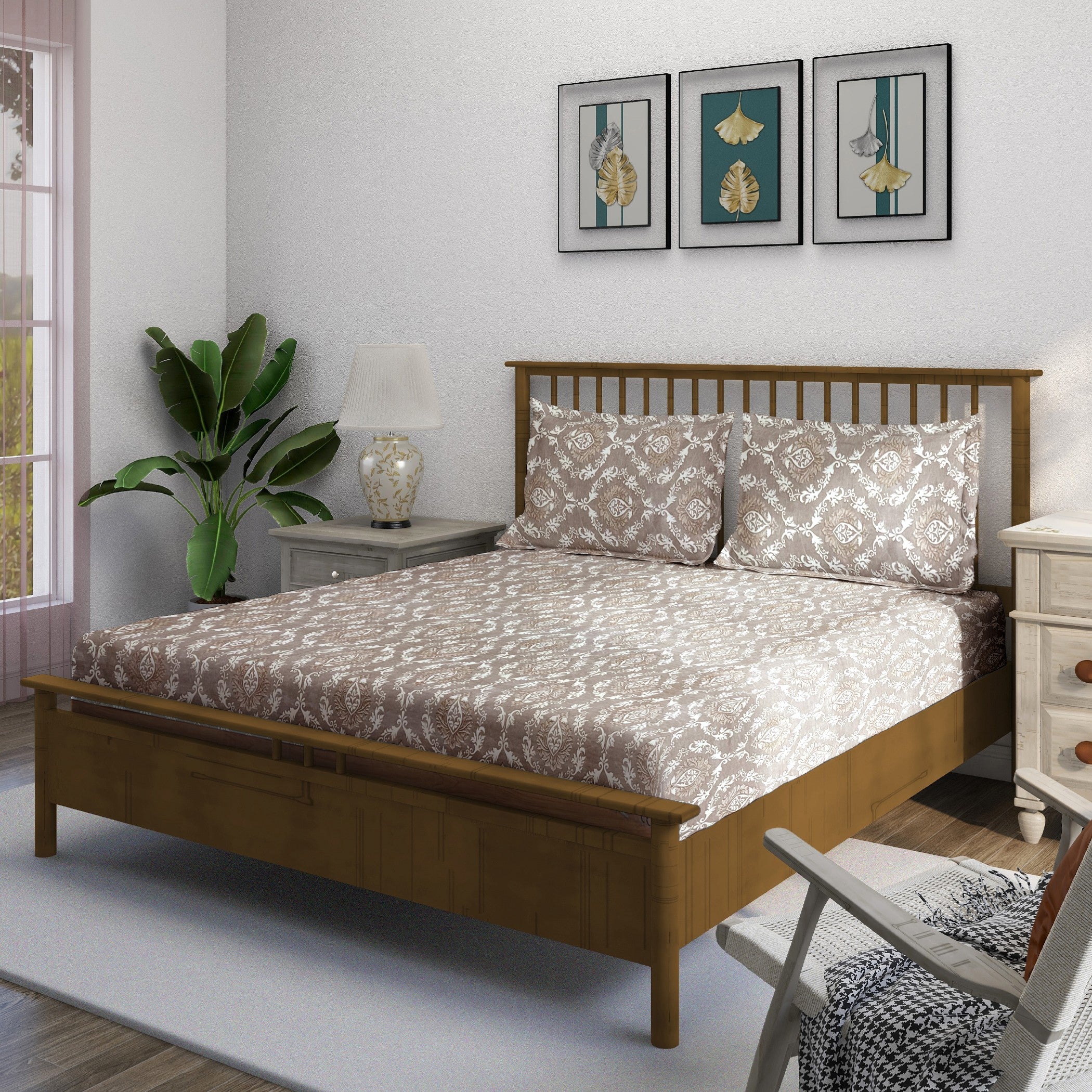 Taupe Ivory Damask 180 TC Pure Cotton Bedsheet Set with Pillow Cover