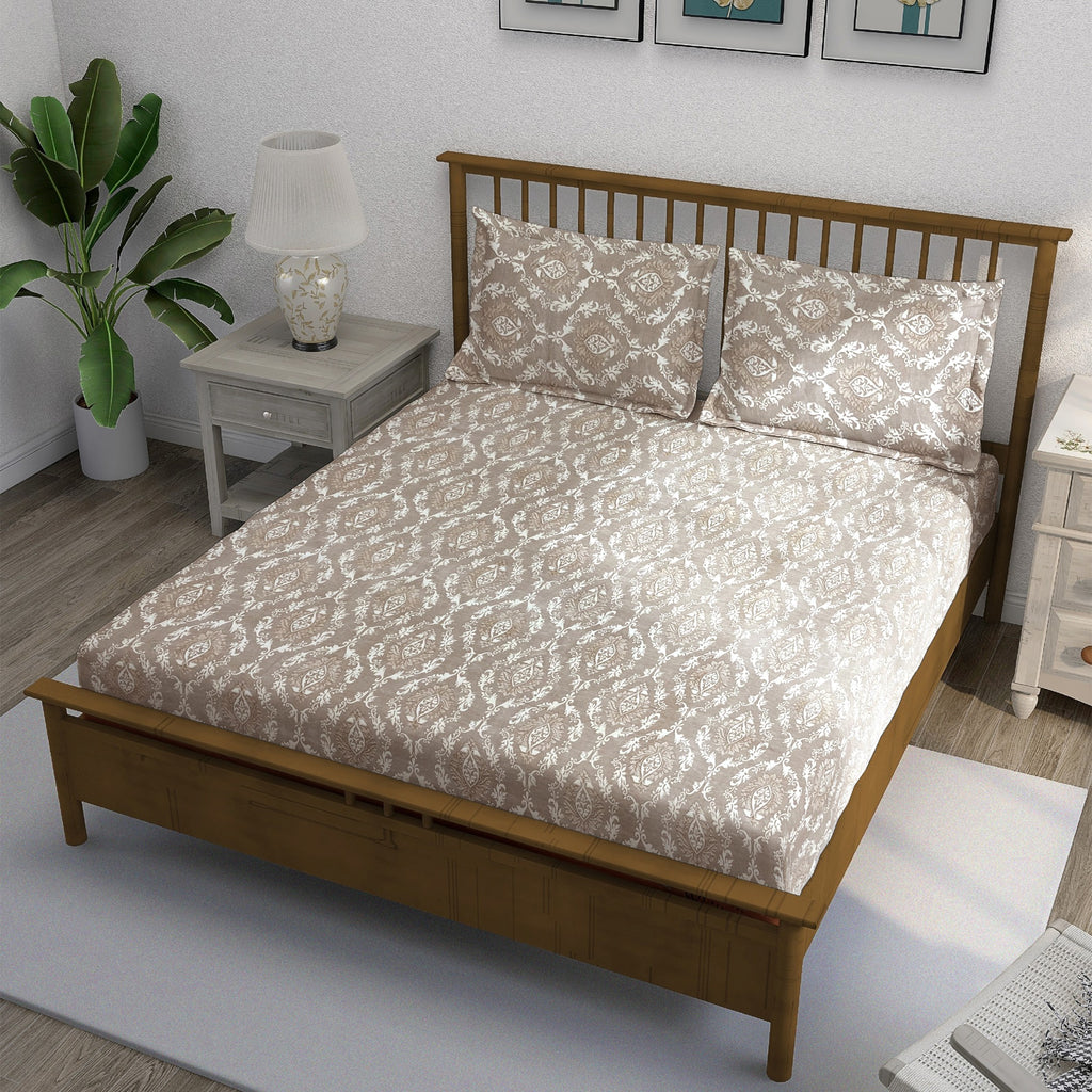 Taupe Ivory Damask 180 TC Pure Cotton Bedsheet Set with Pillow Cover