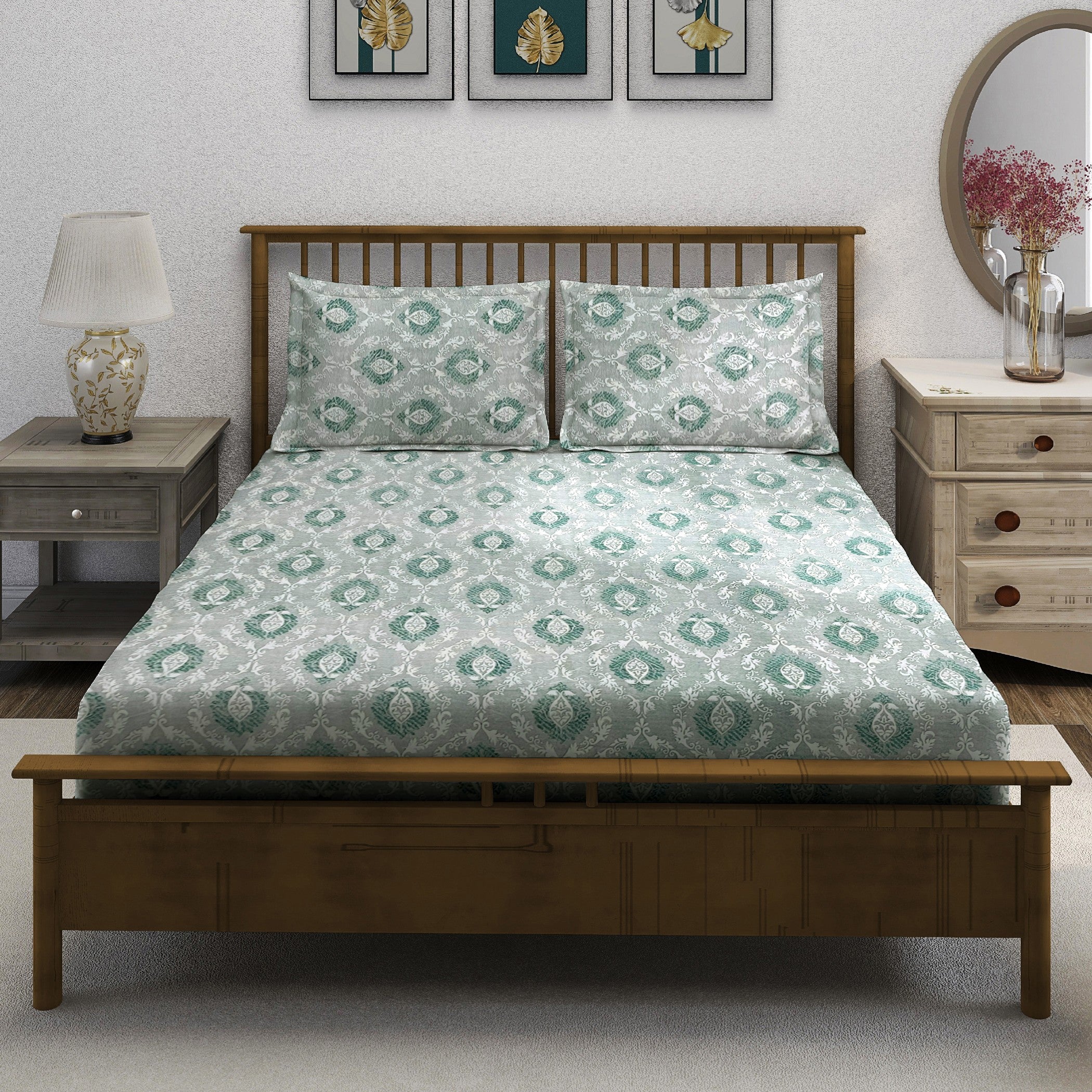 Sage Green Medallion Damask 180 TC Pure Cotton Bedsheet Set with Pillow Cover