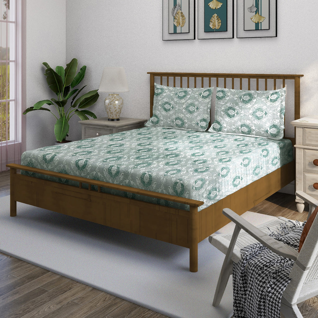 Sage Green Medallion Damask 180 TC Pure Cotton Bedsheet Set with Pillow Cover