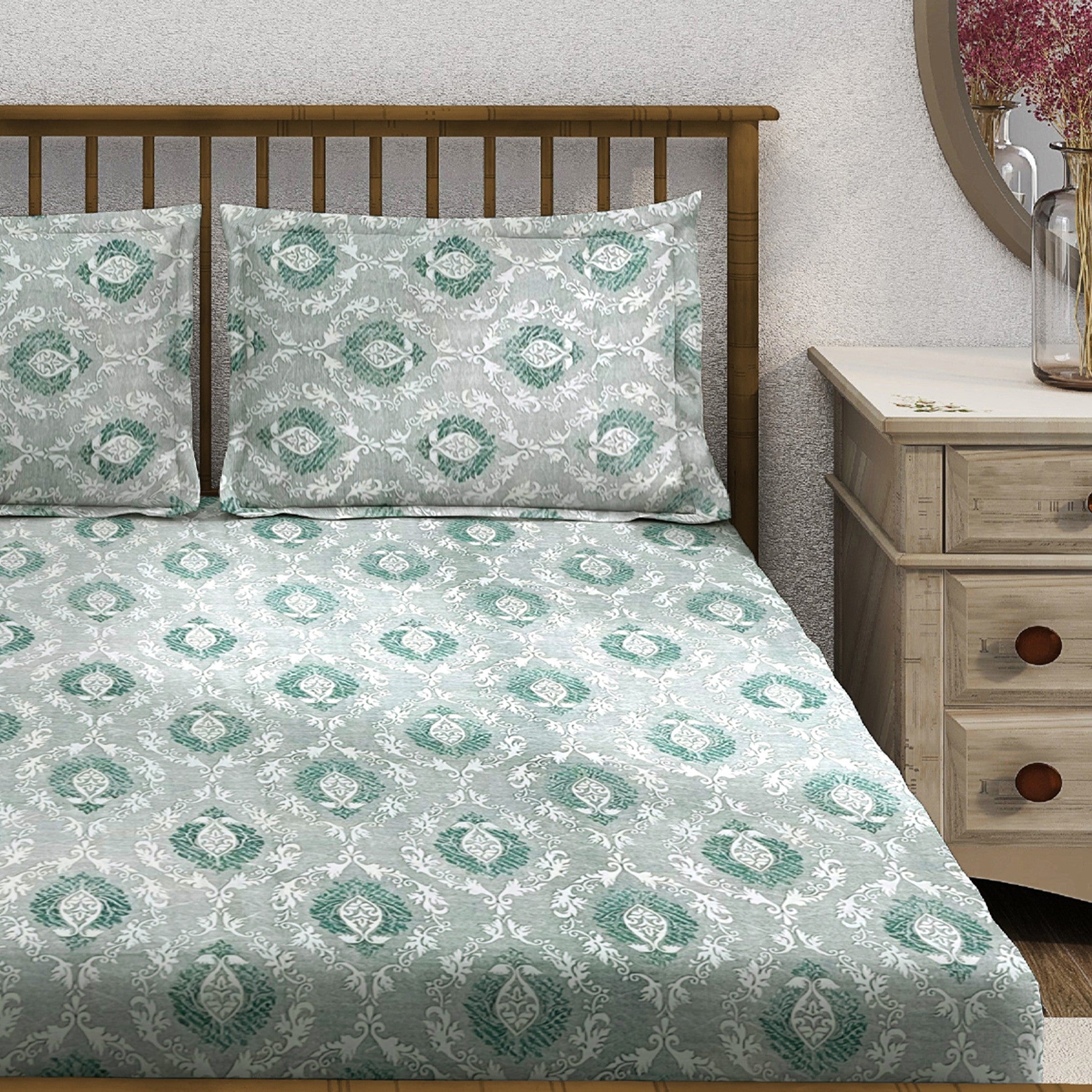 Sage Green Medallion Damask 180 TC Pure Cotton Bedsheet Set with Pillow Cover