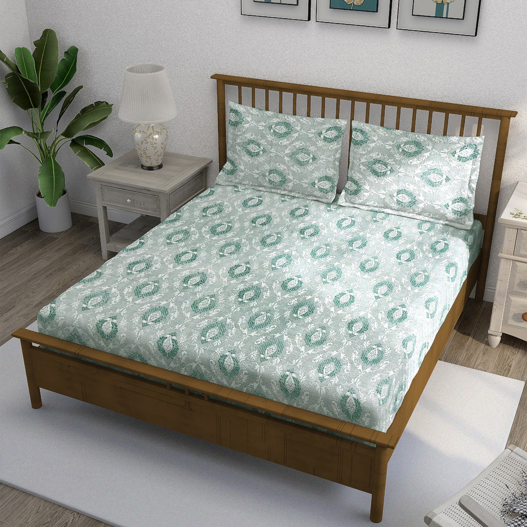 Sage Green Medallion Damask 180 TC Pure Cotton Bedsheet Set with Pillow Cover