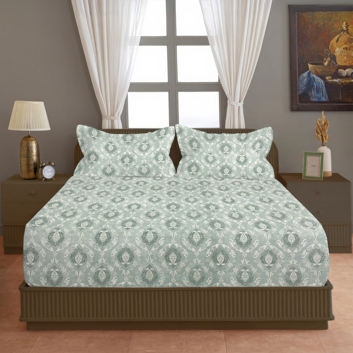 Sage Green & White Damask 200 TC Pure Cotton Bedsheet with Pillow Covers