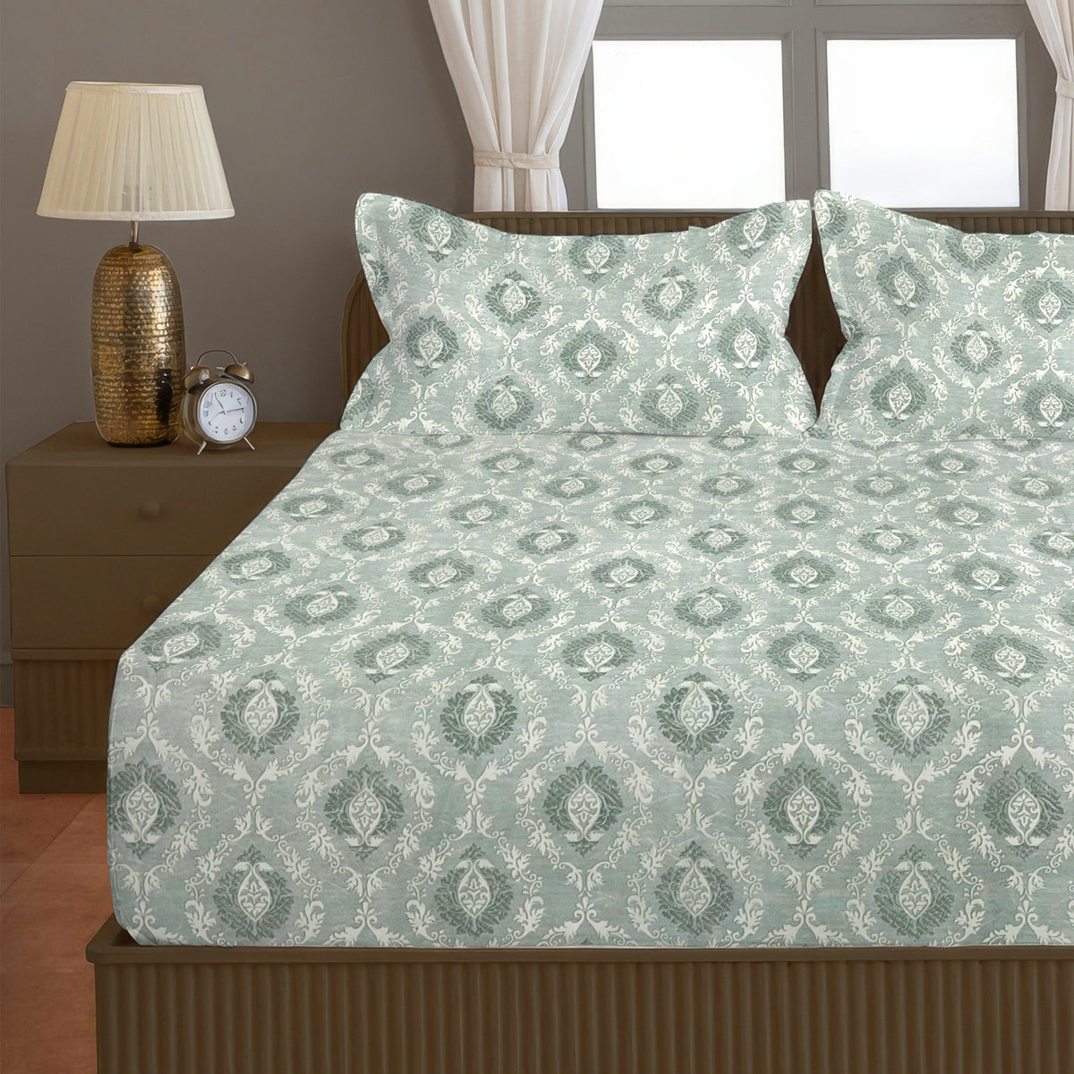 Sage Green & White Damask 200 TC Pure Cotton Bedsheet with Pillow Covers
