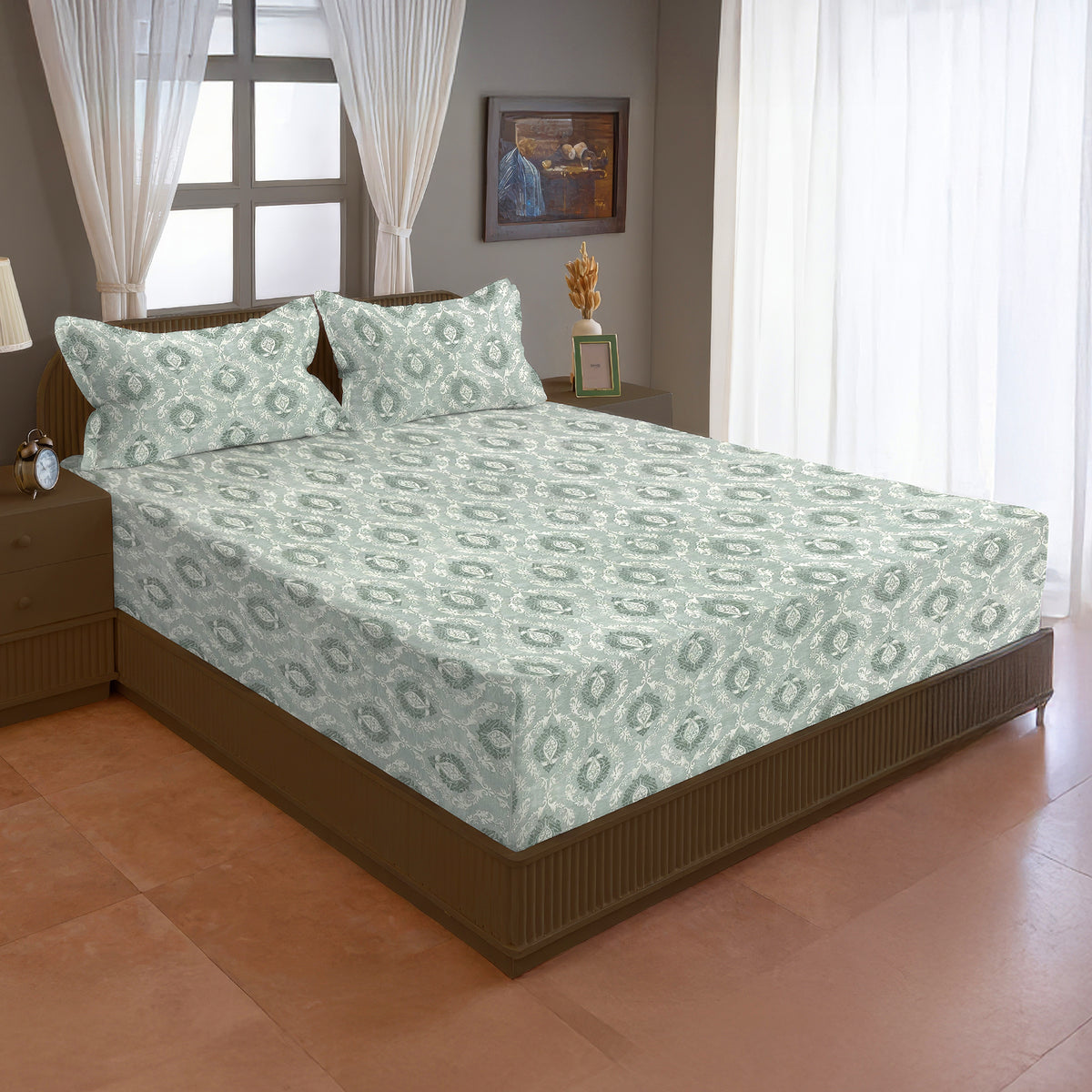 Sage Green & White Damask 200 TC Pure Cotton Bedsheet with Pillow Covers