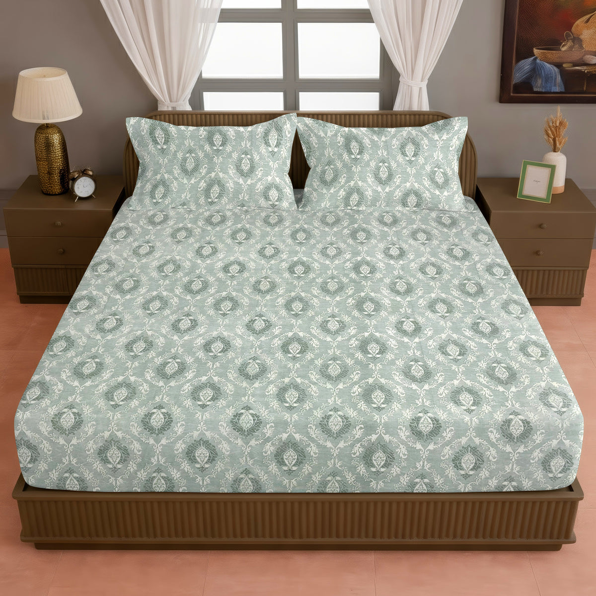Sage Green & White Damask 200 TC Pure Cotton Bedsheet with Pillow Covers
