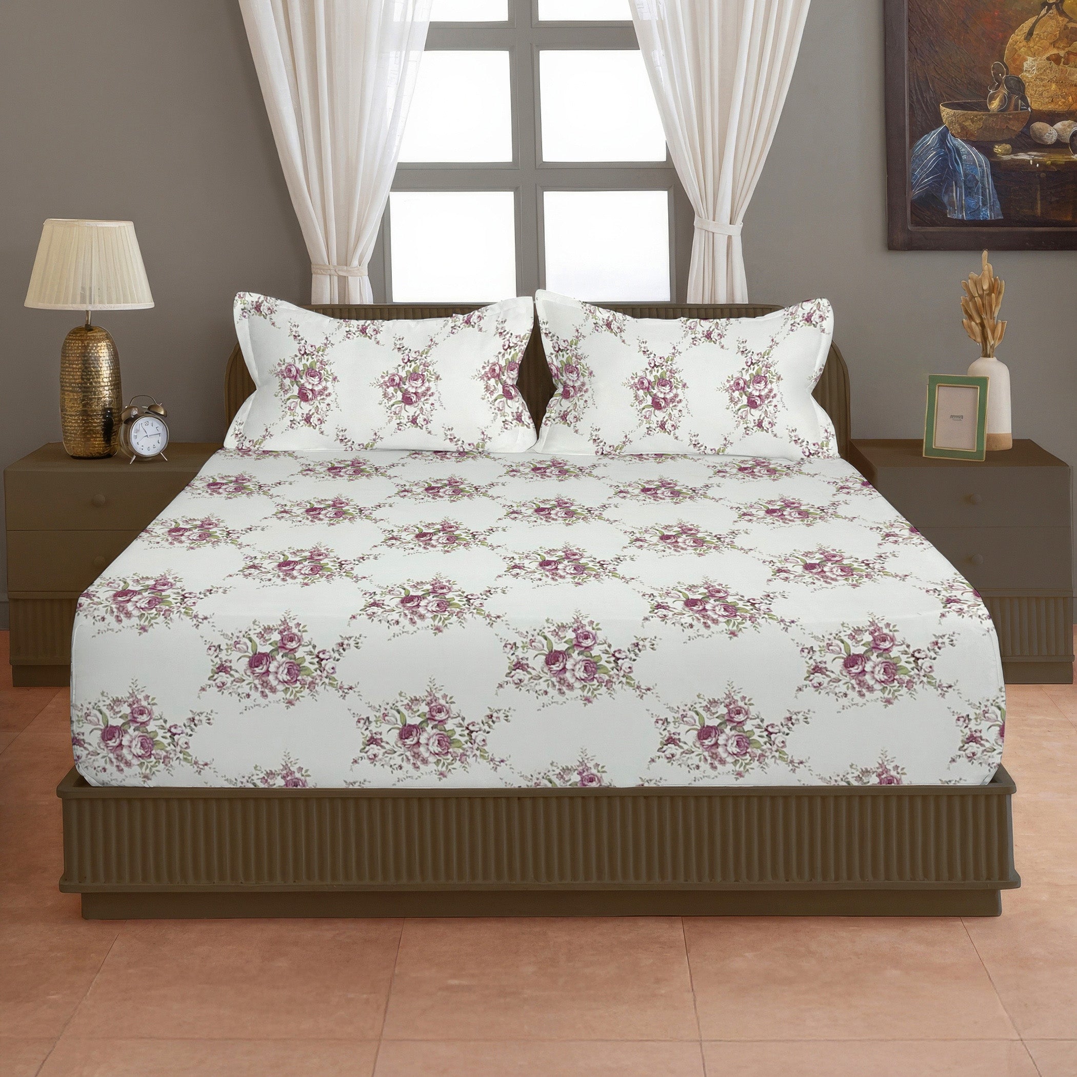 Ivory Rose Garland 180 TC Pure Cotton Bedsheet Set with Pillow Cover