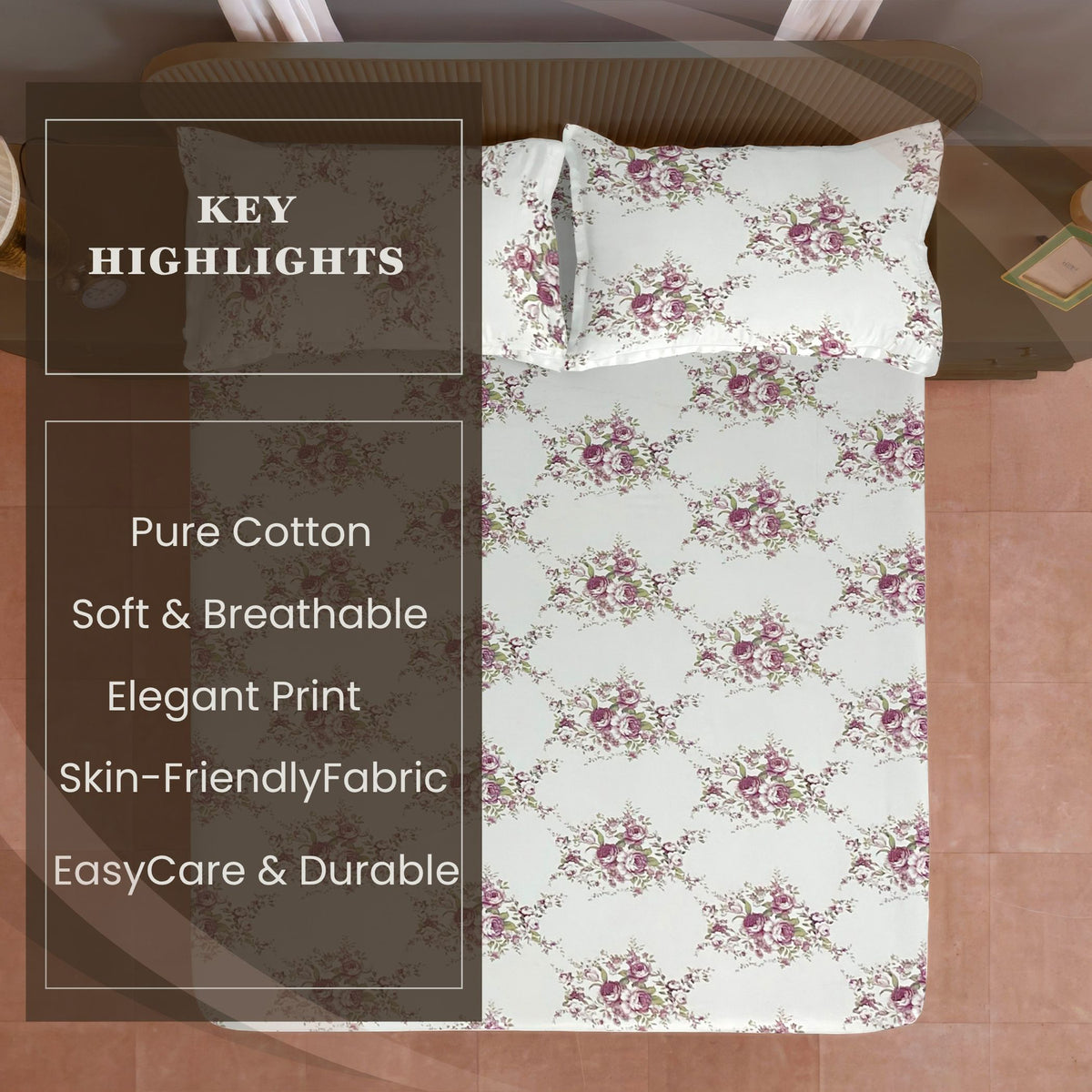 Ivory Rose Garland 180 TC Pure Cotton Bedsheet Set with Pillow Cover