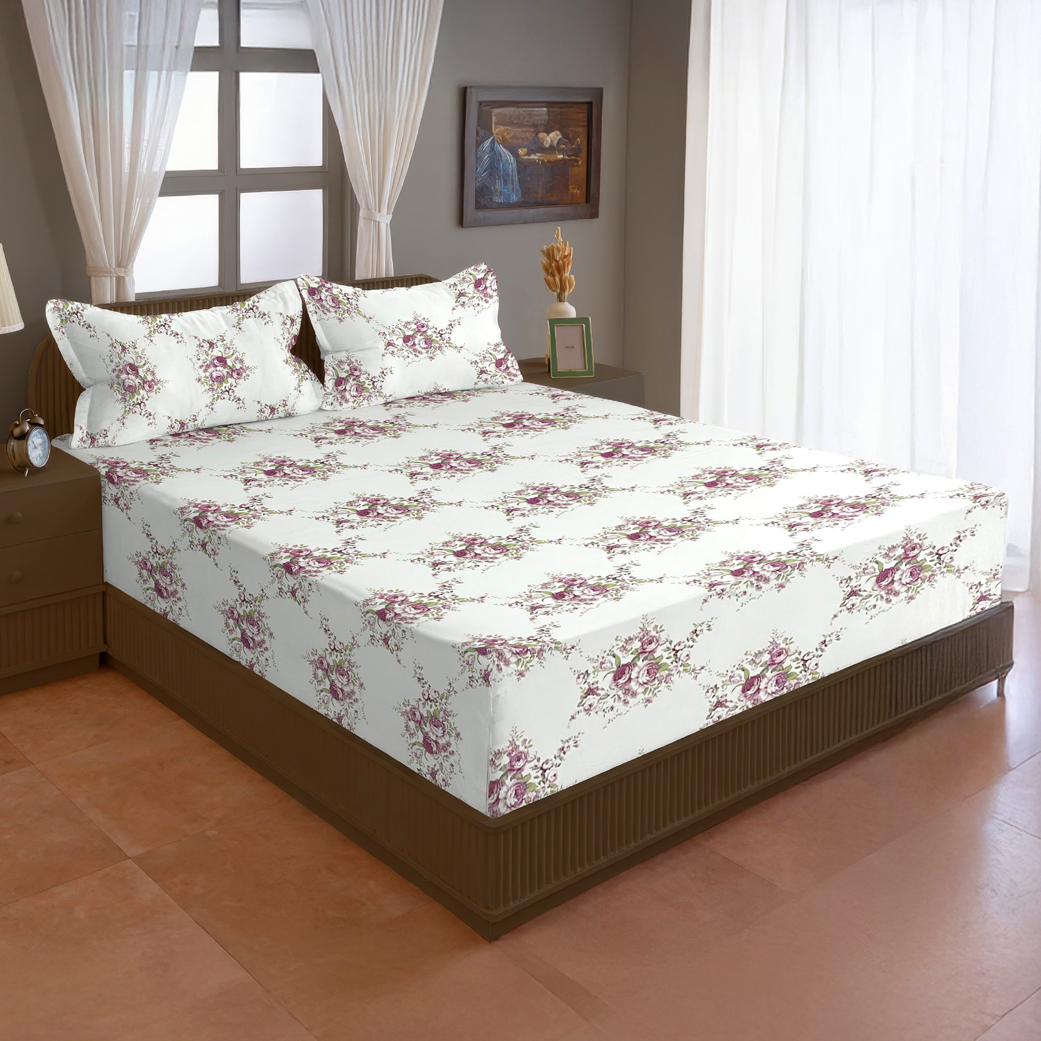 Ivory Rose Garland 180 TC Pure Cotton Bedsheet Set with Pillow Cover
