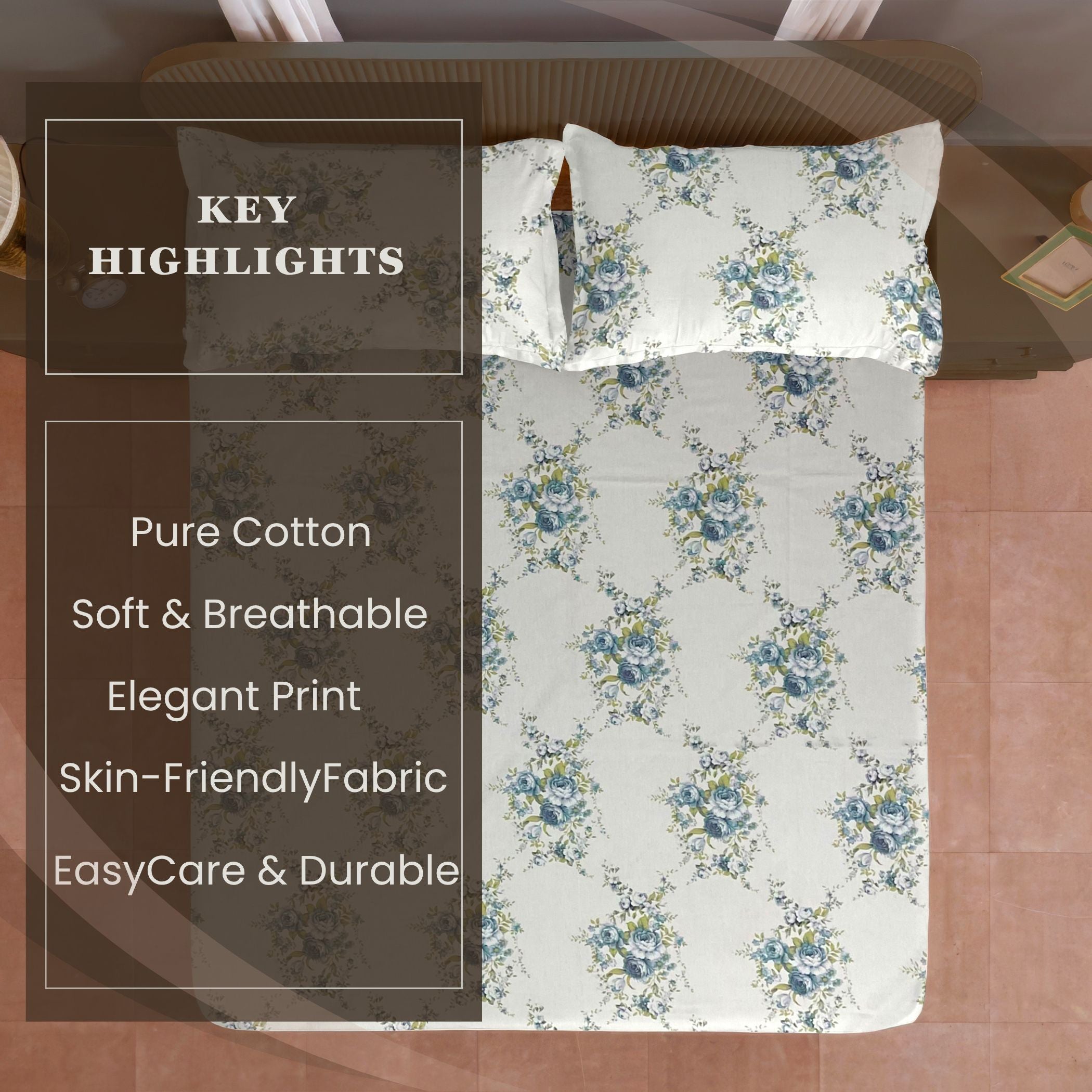 Ivory Blue Rose Garland 180 TC Pure Cotton Bedsheet Set with Pillow Cover