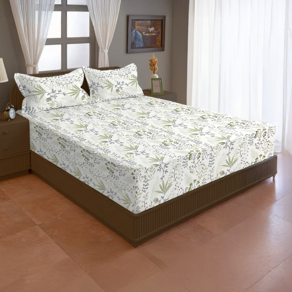 Ivory Sage Botanical Sprigs 180 TC Pure Cotton Bedsheet Set with Pillow Cover