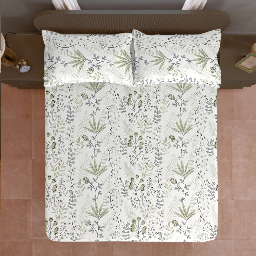 Ivory Sage Botanical Sprigs 180 TC Pure Cotton Bedsheet Set with Pillow Cover