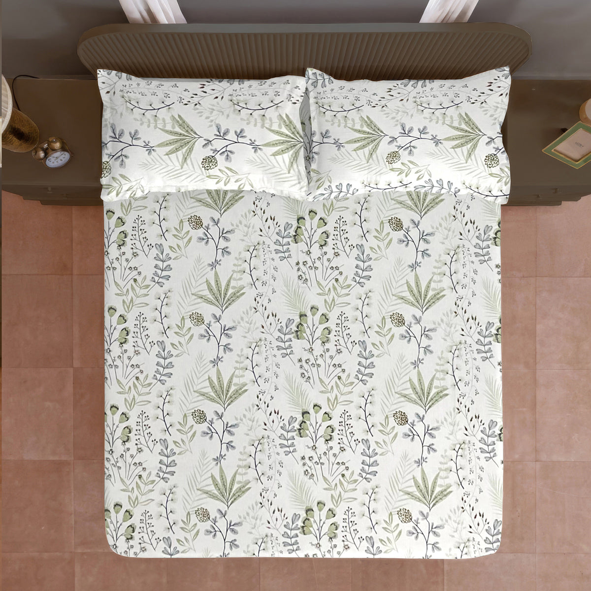 Ivory Sage Botanical Sprigs 180 TC Pure Cotton Bedsheet Set with Pillow Cover