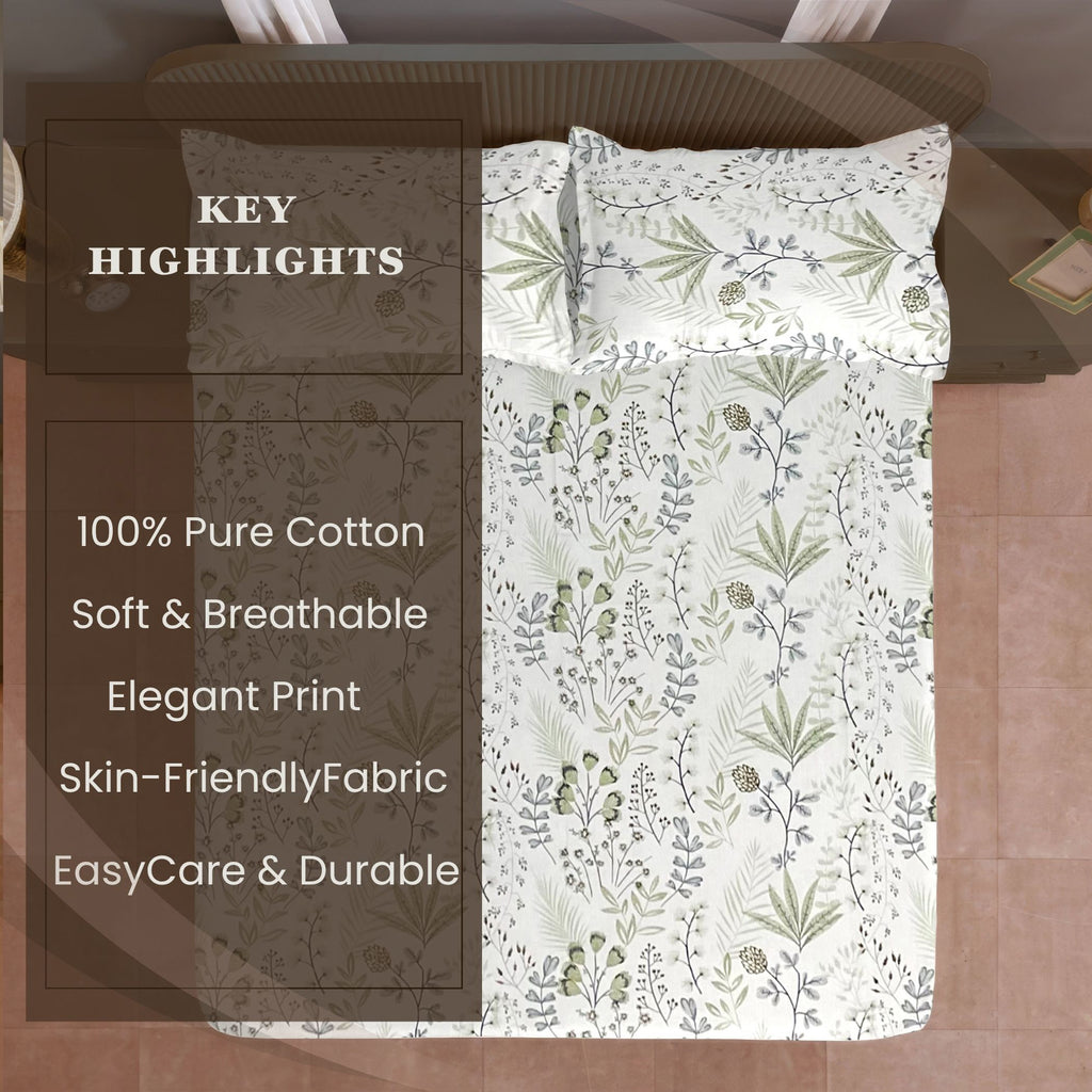 Ivory Sage Botanical Sprigs 180 TC Pure Cotton Bedsheet Set with Pillow Cover