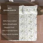 Ivory Sage Botanical Sprigs 180 TC Pure Cotton Bedsheet Set with Pillow Cover
