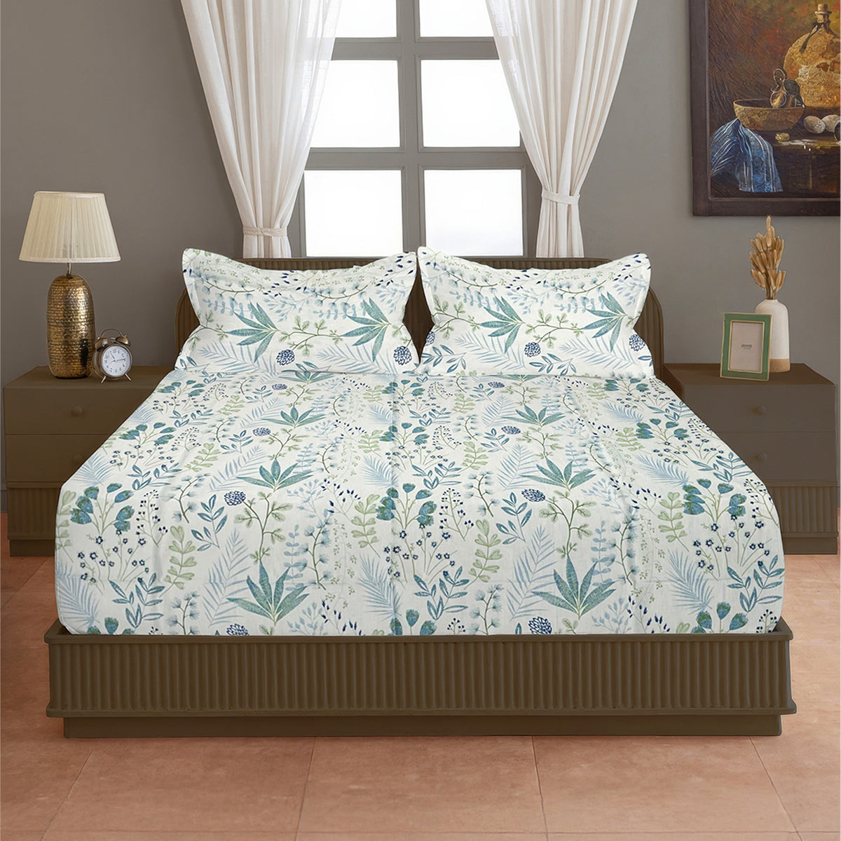 Ivory Botanical Meadow 180 TC Pure Cotton Bedsheet Set with Pillow Cover