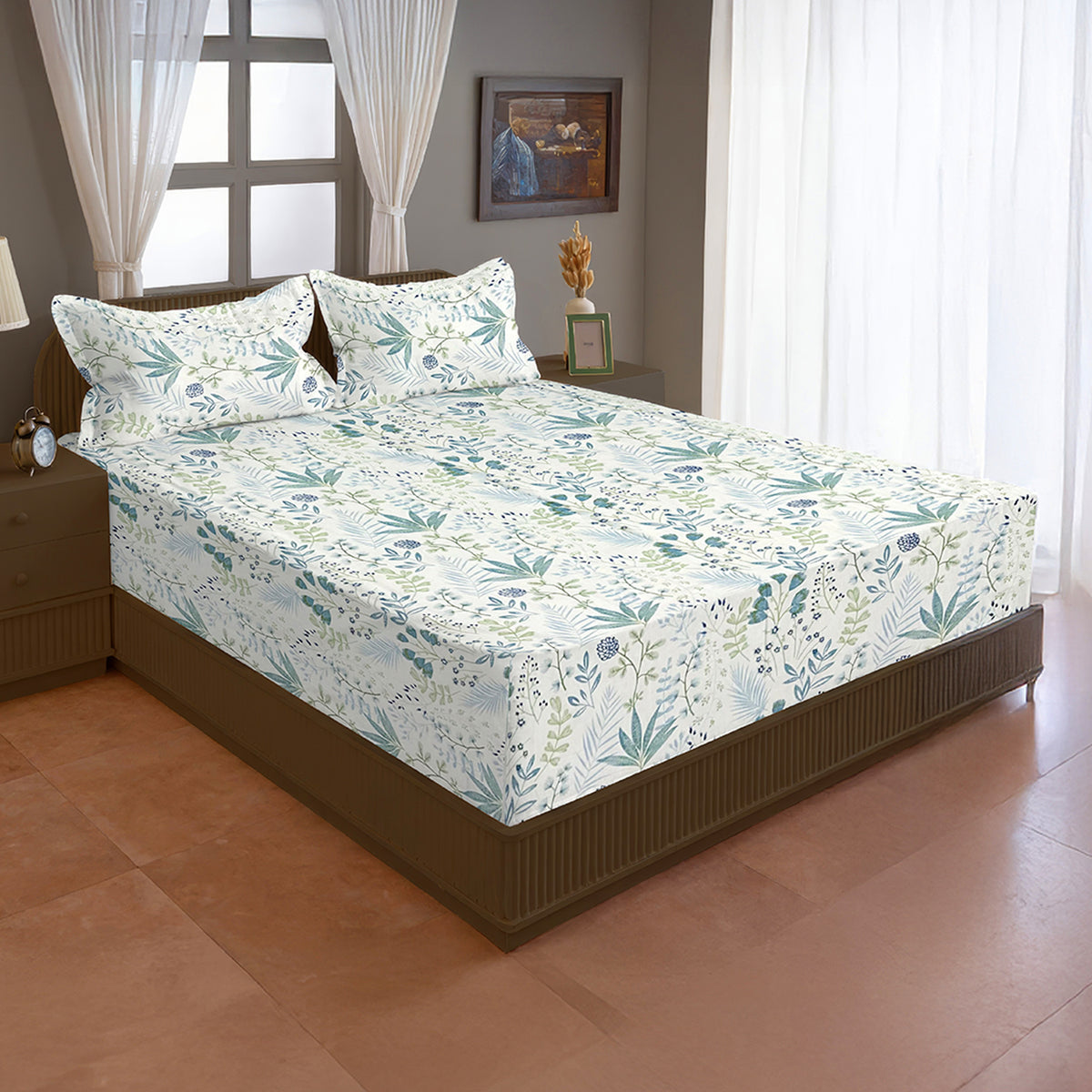 Ivory Botanical Meadow 180 TC Pure Cotton Bedsheet Set with Pillow Cover