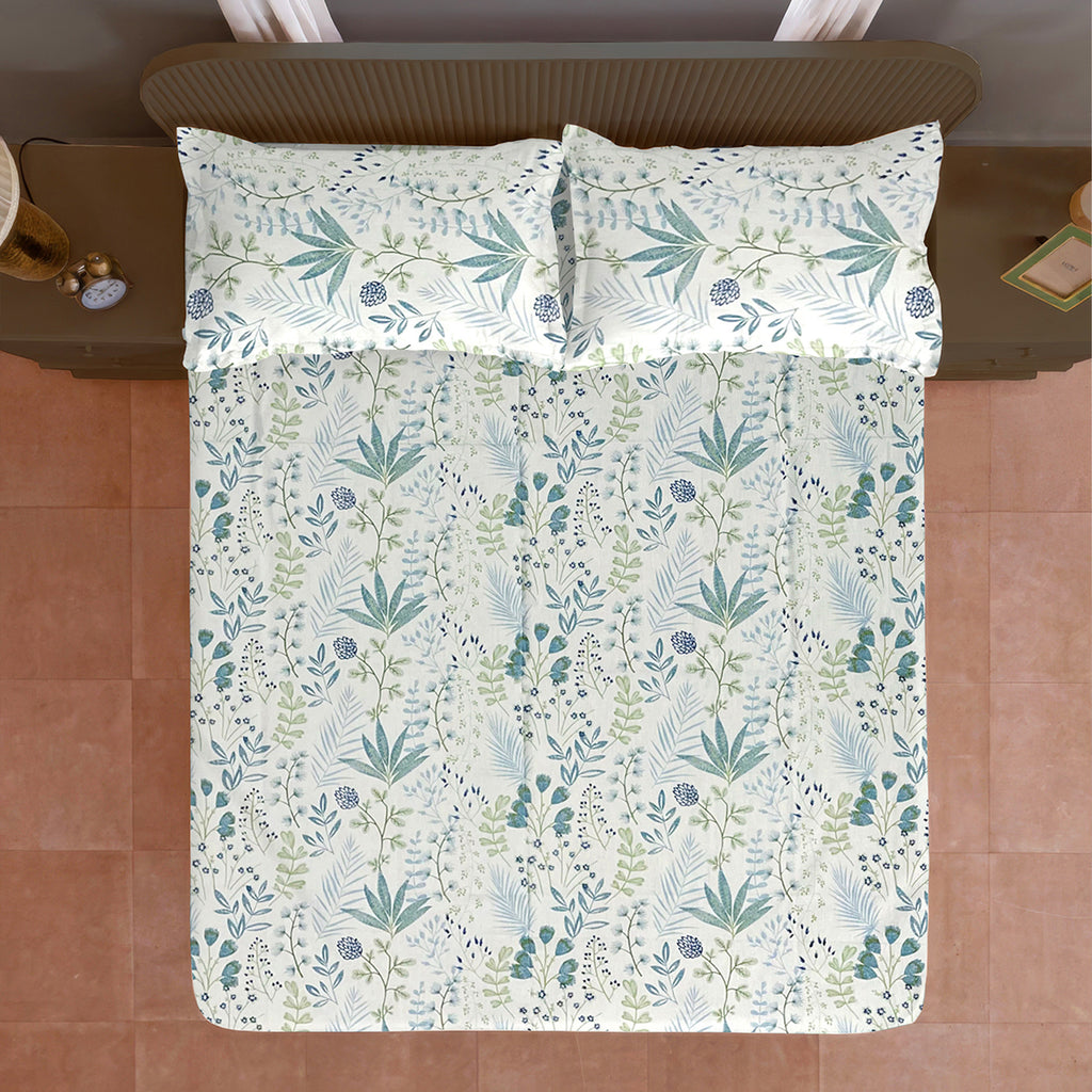 Ivory Botanical Meadow 180 TC Pure Cotton Bedsheet Set with Pillow Cover