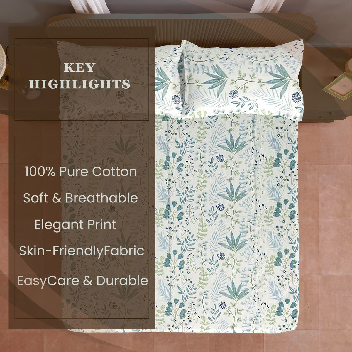 Ivory Botanical Meadow 180 TC Pure Cotton Bedsheet Set with Pillow Cover