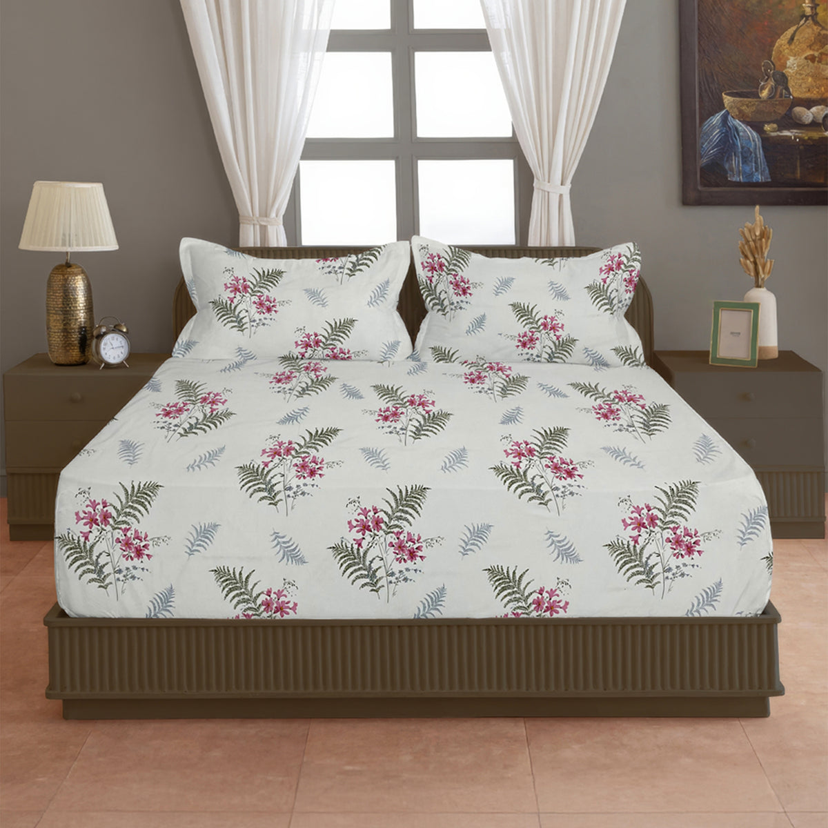Ivory Fern Blossom 180 TC Pure Cotton Bedsheet Set with Pillow Cover