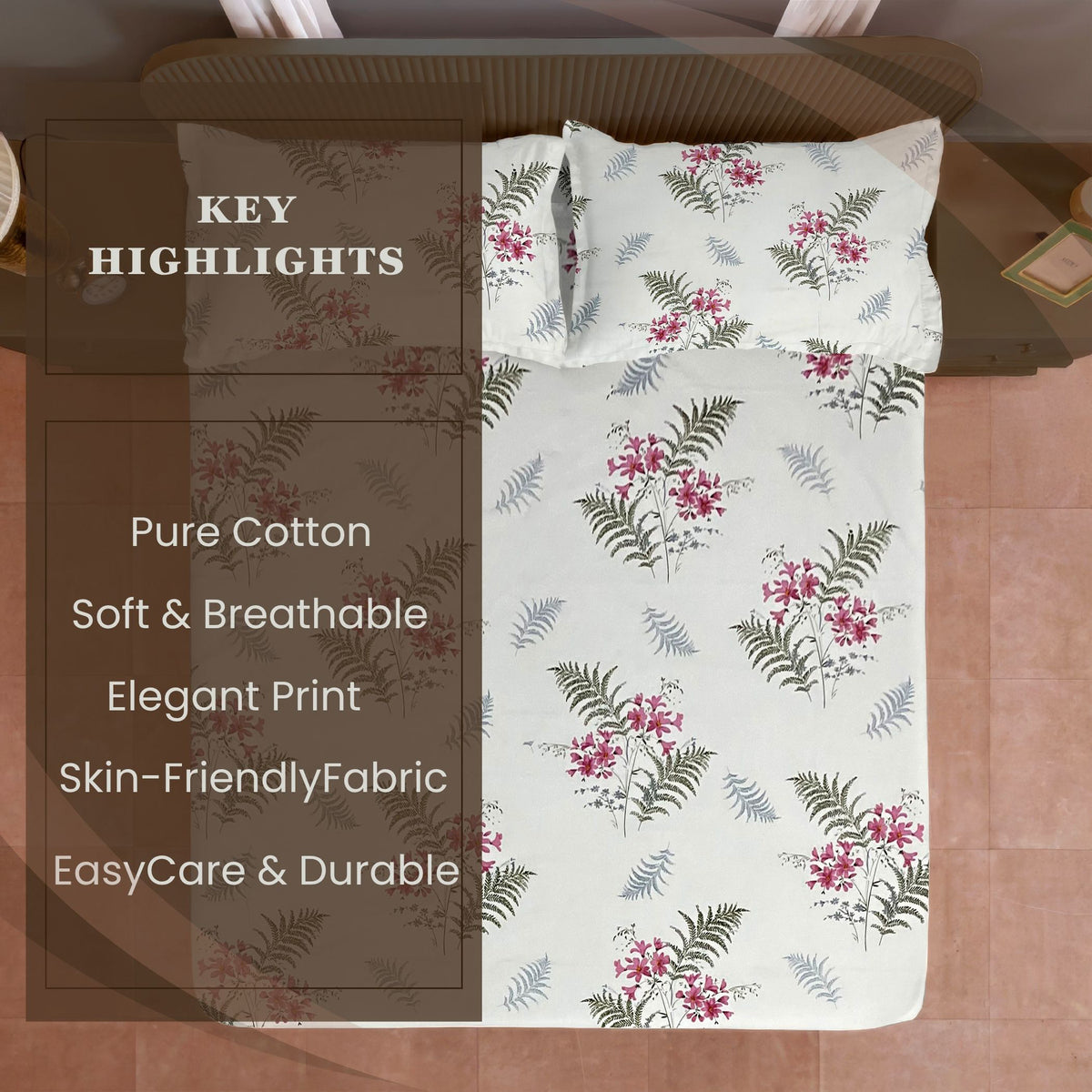 Ivory Fern Blossom 180 TC Pure Cotton Bedsheet Set with Pillow Cover