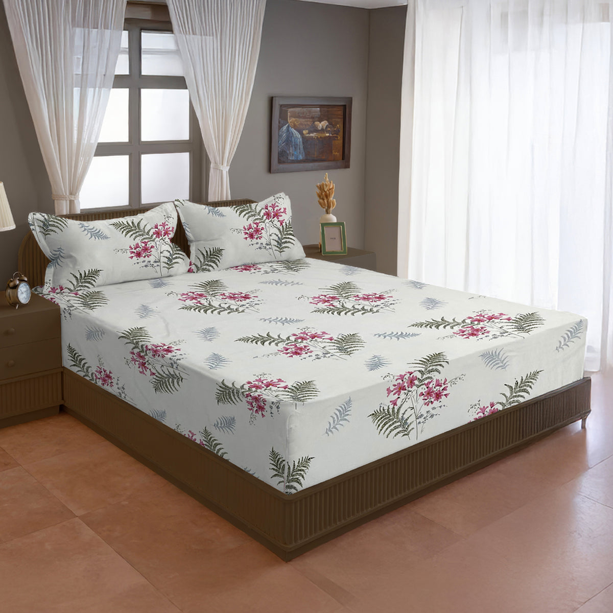 Ivory Fern Blossom 180 TC Pure Cotton Bedsheet Set with Pillow Cover