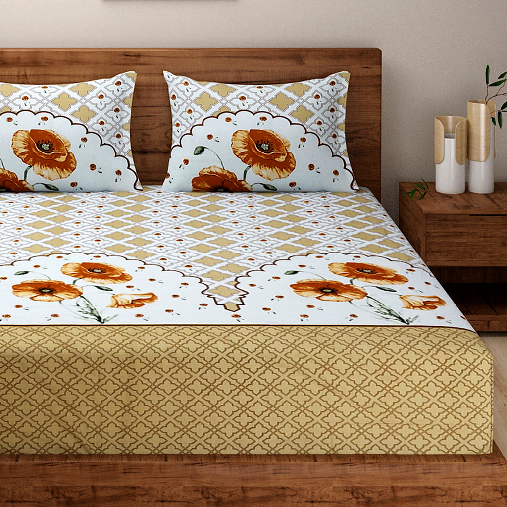 Ivory Mustard Poppy Lattice 180 TC Pure Cotton Bedsheet Set with Pillow Cover