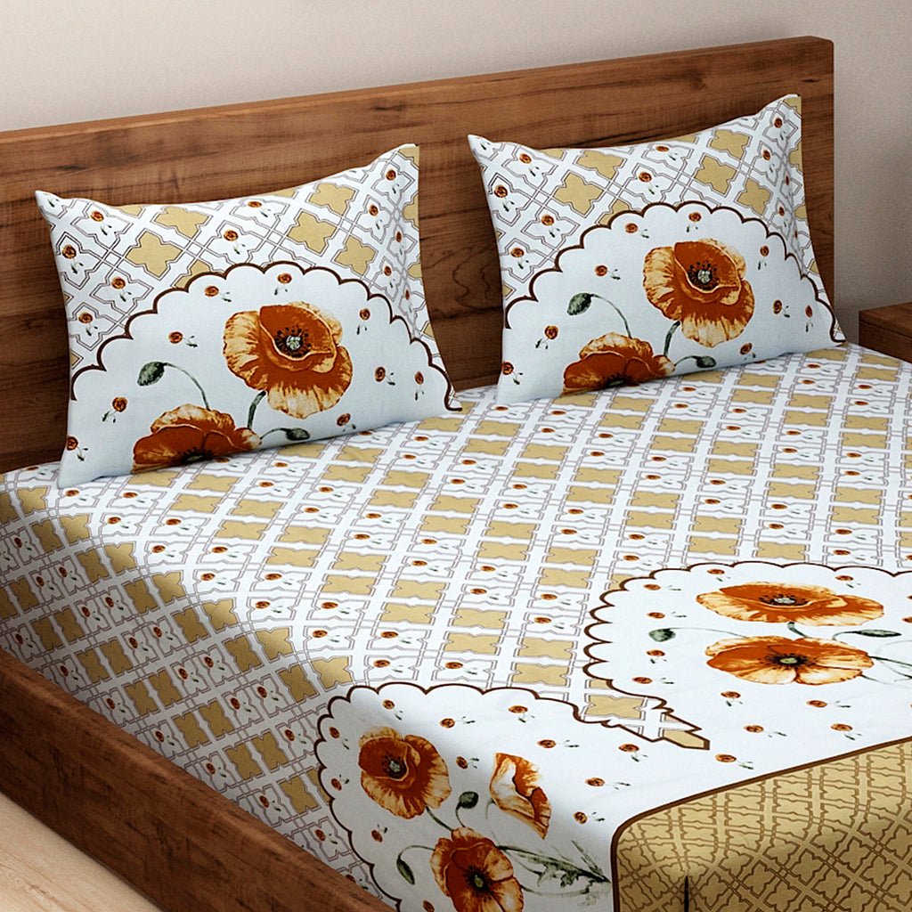 Ivory Mustard Poppy Lattice 180 TC Pure Cotton Bedsheet Set with Pillow Cover