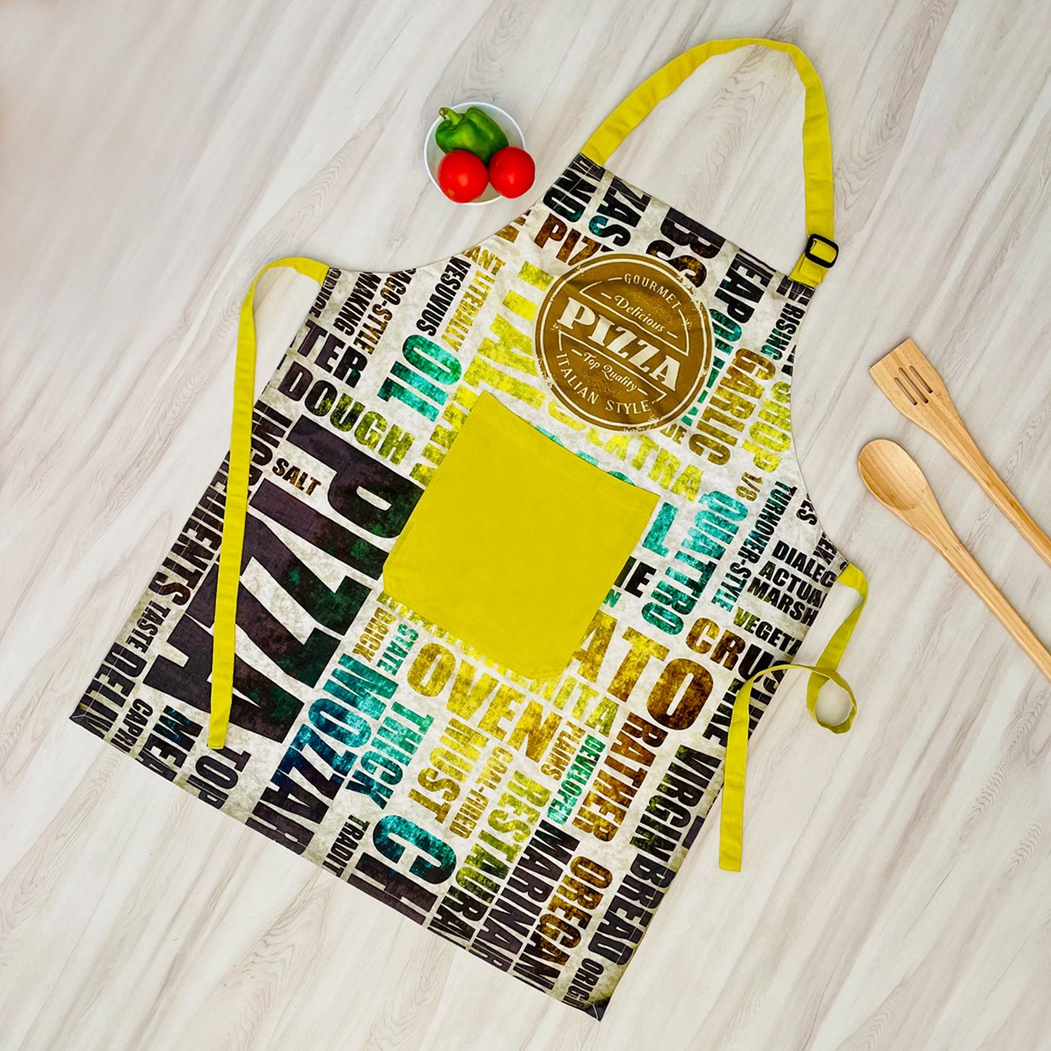 Italian Style Pizza Printed Kitchen Apron with Front Utility Pockets