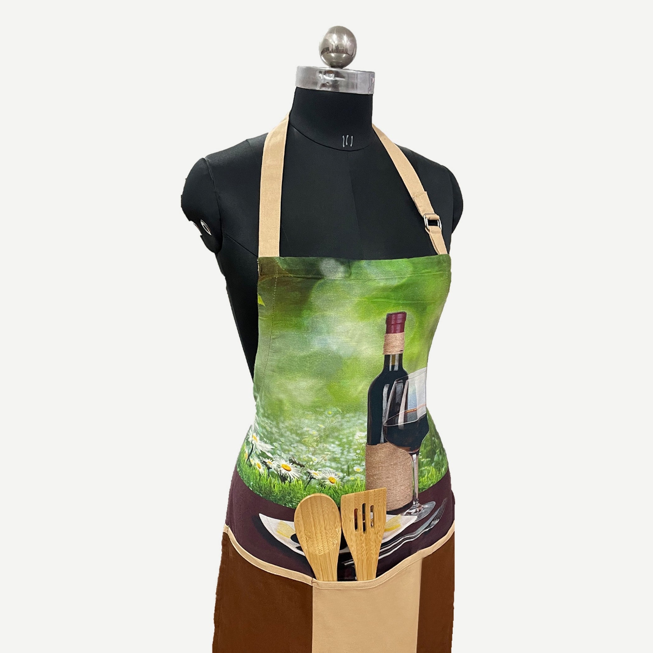 Wine & Dine Printed Kitchen Apron with Dual Front Utility Pockets