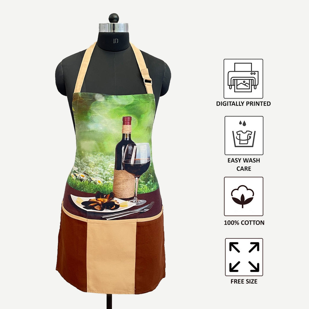 Wine & Dine Printed Kitchen Apron with Dual Front Utility Pockets