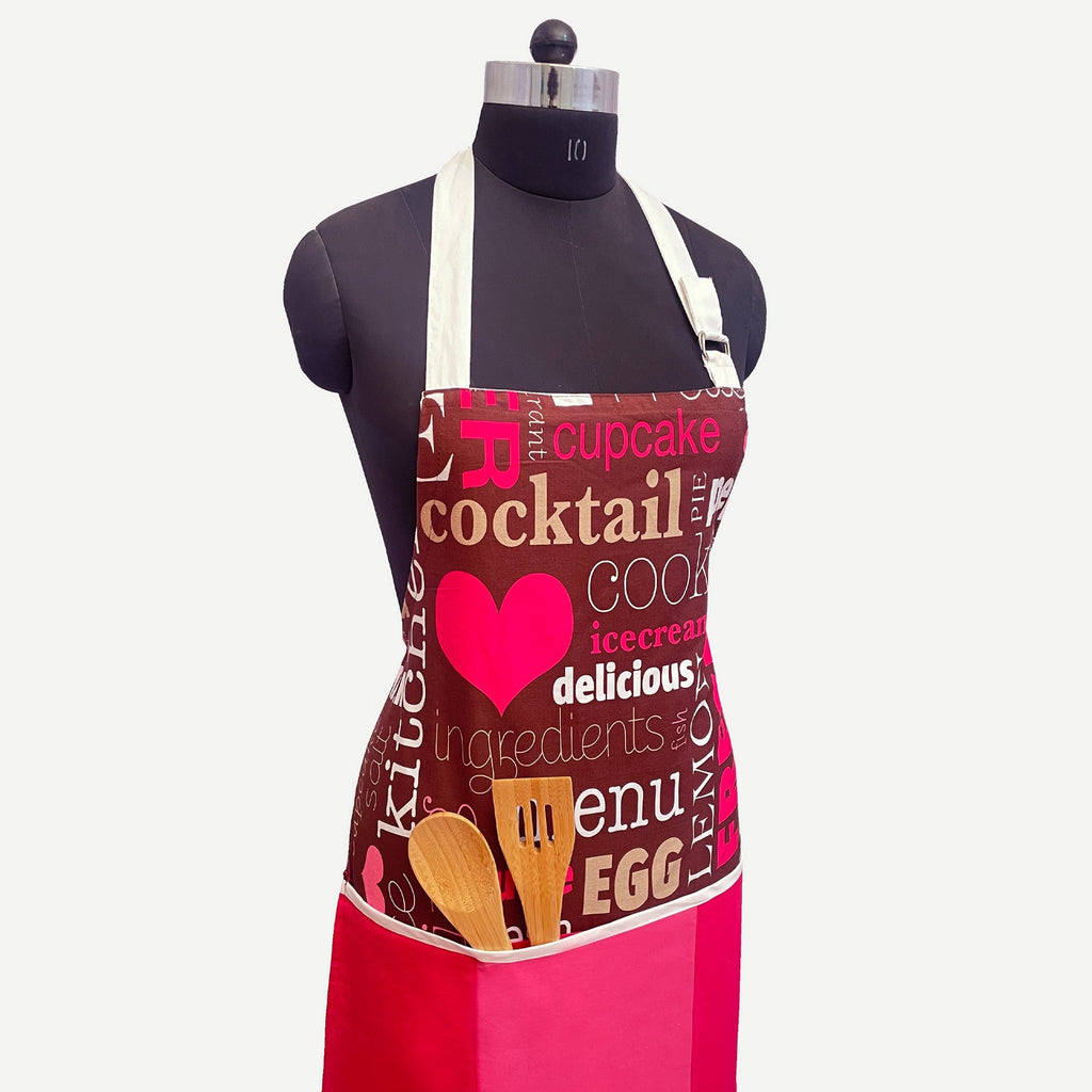 Hearts & Café Text Theme Printed Kitchen Apron with Front Utility Pockets