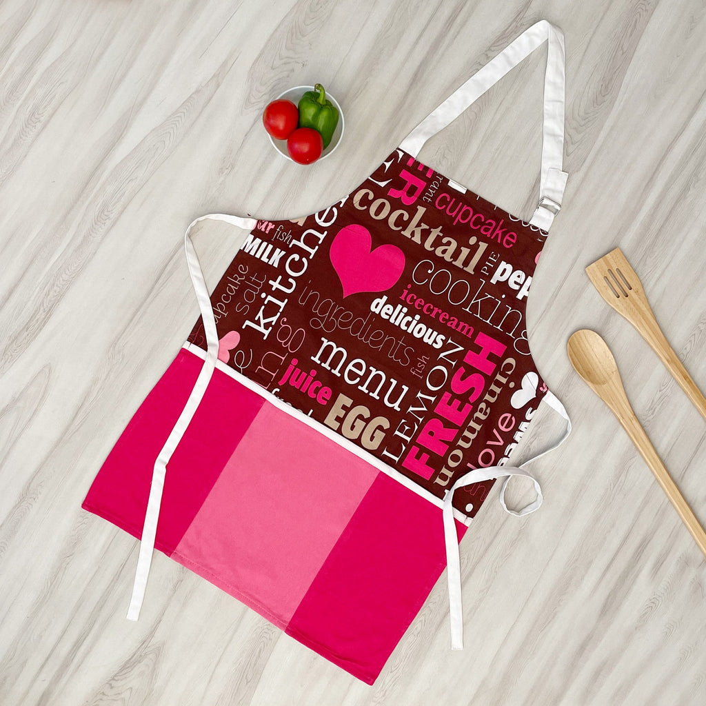 Hearts & Café Text Theme Printed Kitchen Apron with Front Utility Pockets
