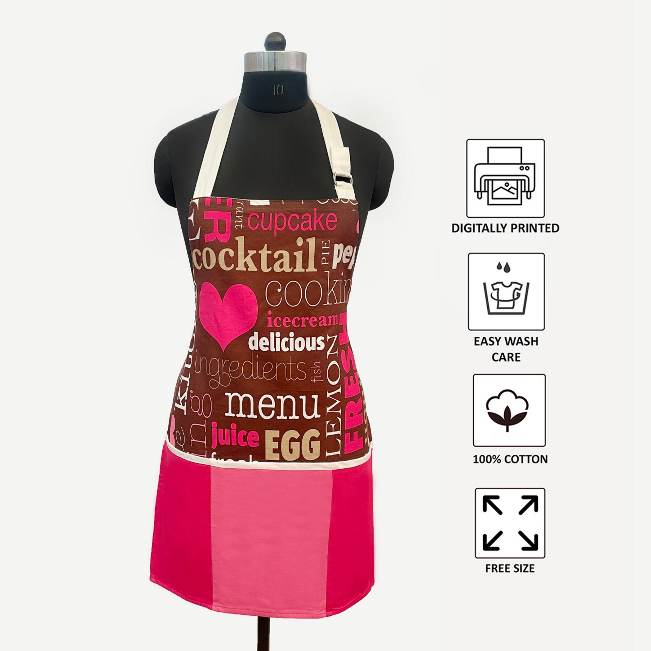 Hearts & Café Text Theme Printed Kitchen Apron with Front Utility Pockets